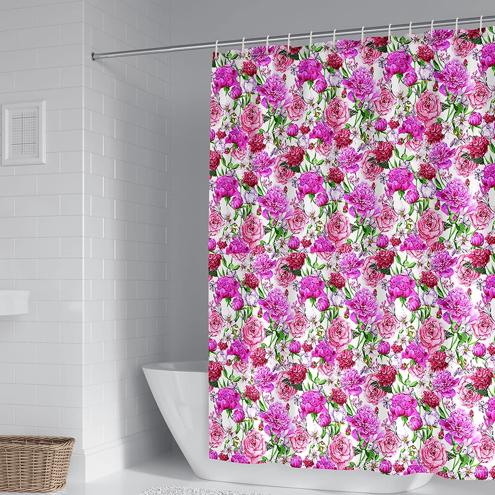 Rideau de douche 180x200 cm polyester fleurs roses salle de bain anti-moisissure