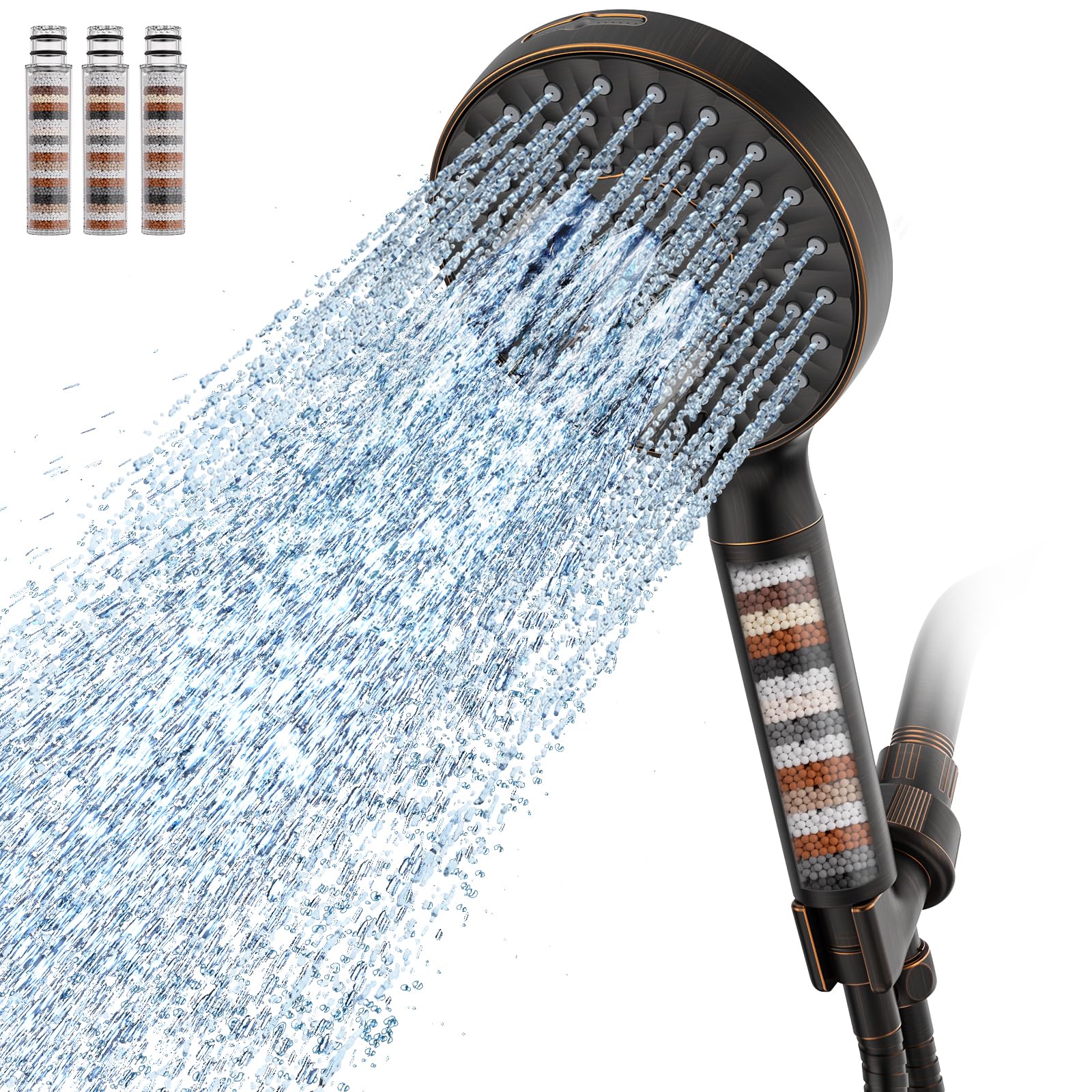 SR SUN RISE Filtered Shower Head with Handheld High Pressure 9 Spray Mode Showerhead Detachable Shower Head Water Softener Filters Beads for Hard Water Remove Chlorine 4 Filters Black Brown