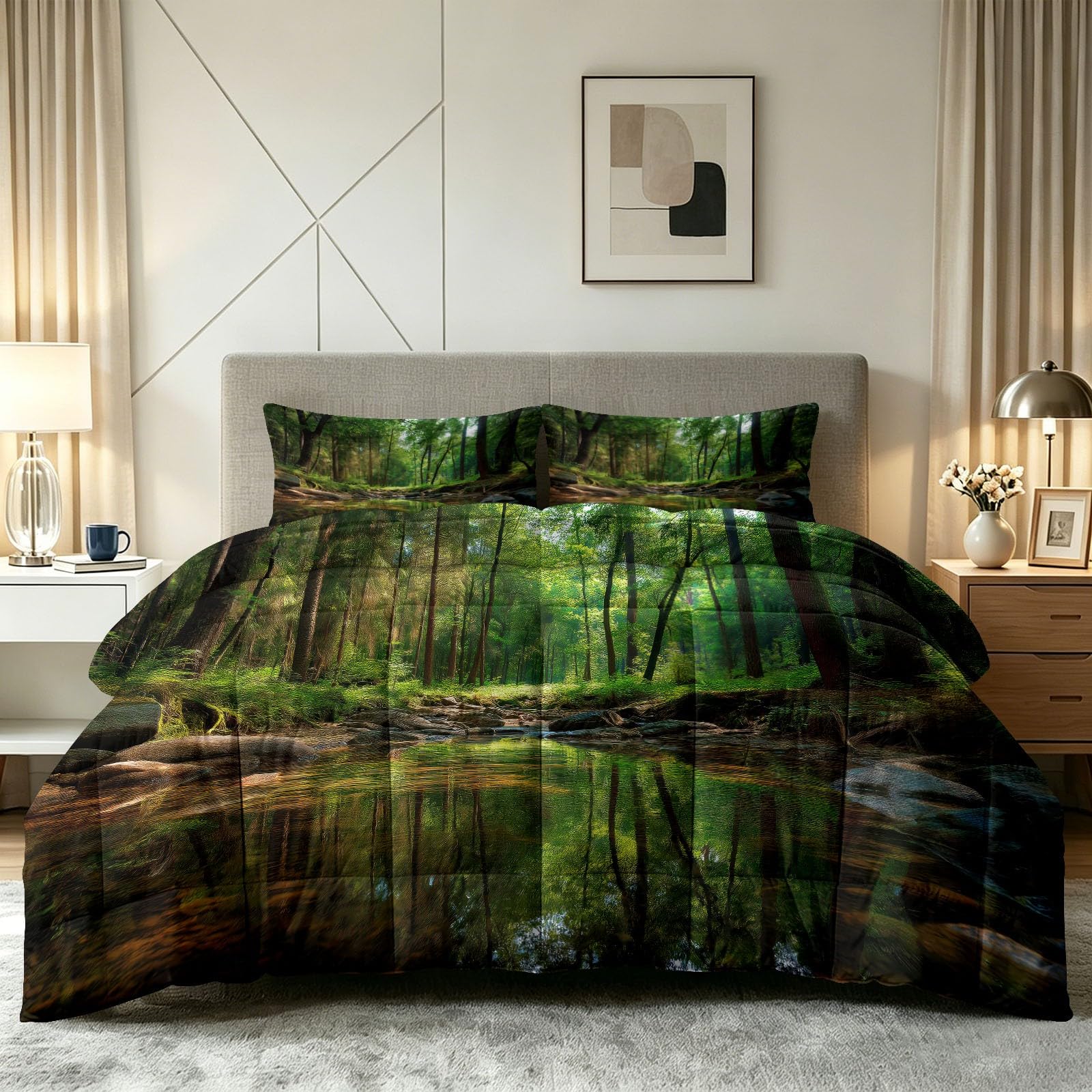 Piumino senza rivestimento, 135 x 200 cm, per tutte le stagioni, lavabile, caldo, delicato sulla pelle, motivo: foresta e ruscello sole, trapunta per tutto l'anno, con 2 federe da 80 x 80 cm