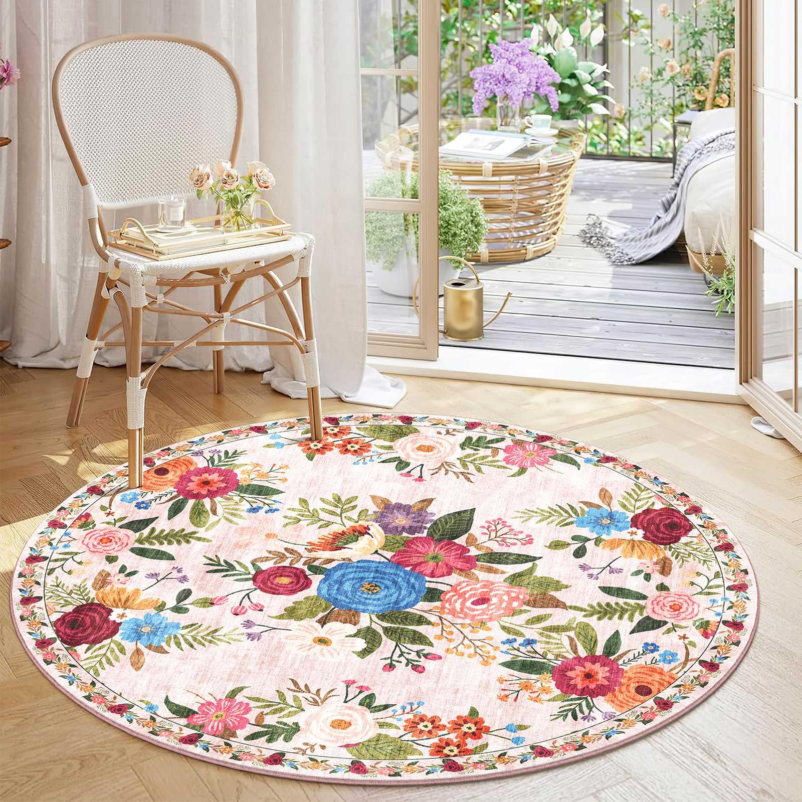 Tapis Rond 120cm Lavable Machine, Moquette Antidérapante Poil Bas Style Boho, Motif Floral Oriental Doux pour Salon, Chambre, Cuisine, Nursery, Bureau