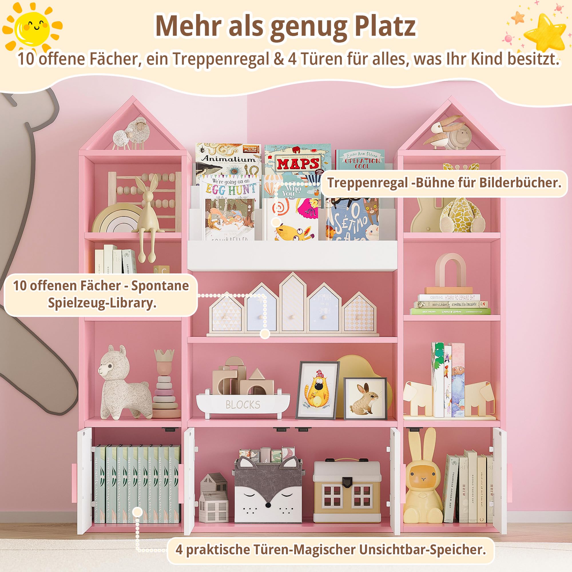 IRONCK Kinderregal, Bücherregal Kinder mit 4 Türen, Spielzeugregal Holz, Burgendesign Aufbewahrungsschrank, Spielzeugschrank, Kinderzimmer Möbel, 10 offene Regalböden, 123.5x33x127cm (Rosa)