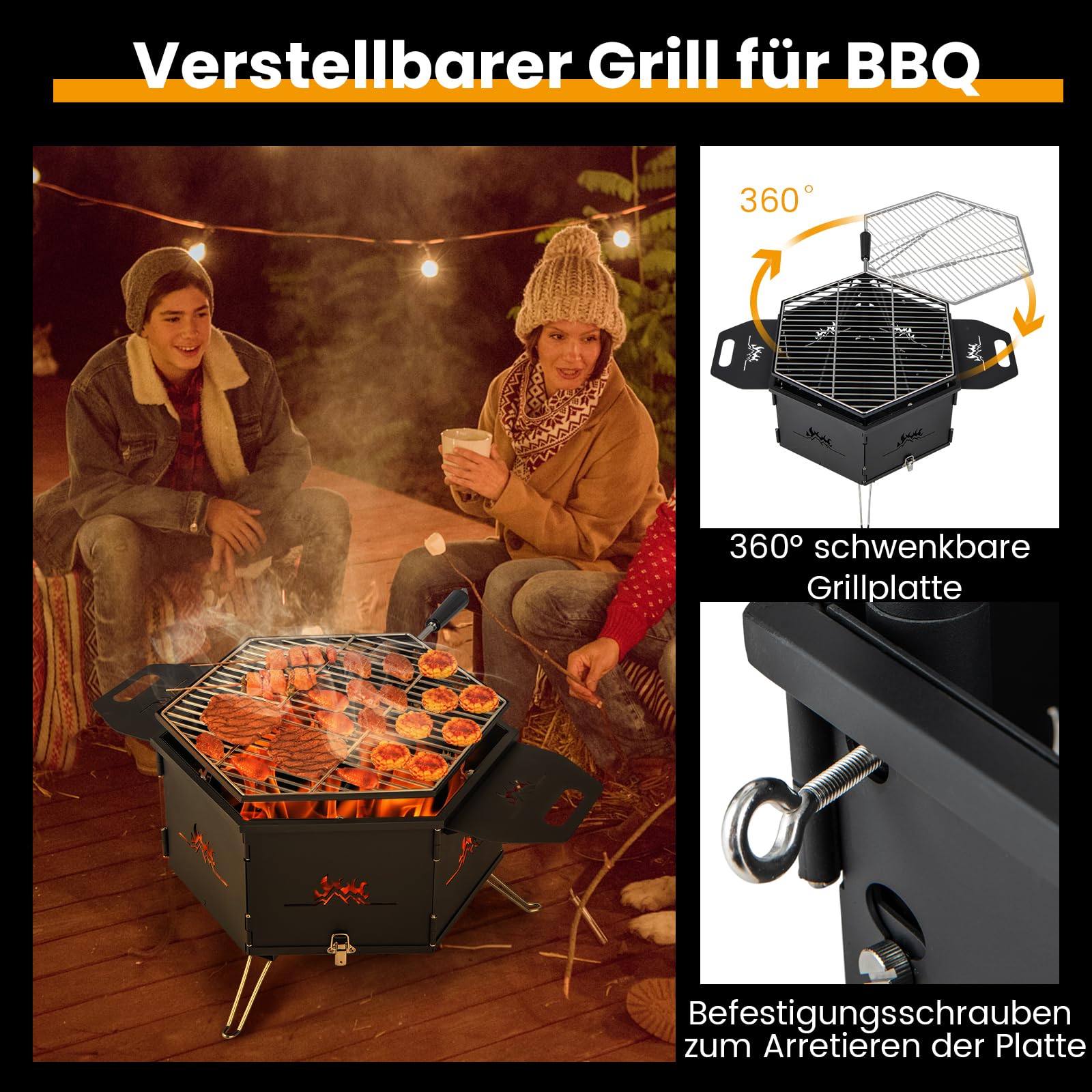 GYMAX 2 in 1 Holzkohlegrill klappbar & Feuerkorb, großer Campinggrill mit verstellbarem Grillrost & Lüftungslöchern, Grill zum Heizen & Grillen, Klappgrill für Partys, Camping & Picknicks