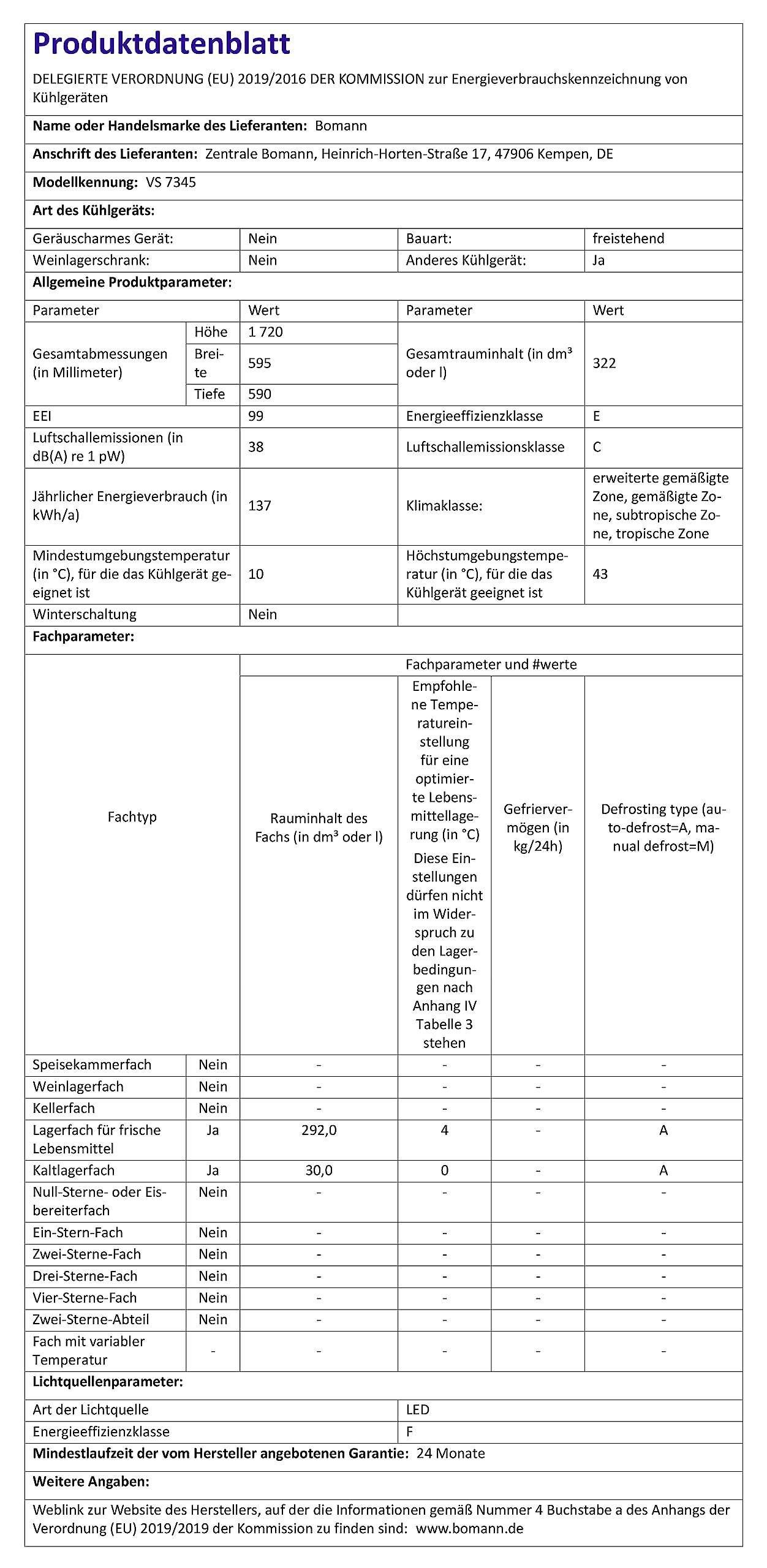 Bomann VS 7345 Kühlschrank 322L 172cm Schnellkühlfunktion MultiAirflow weiß
