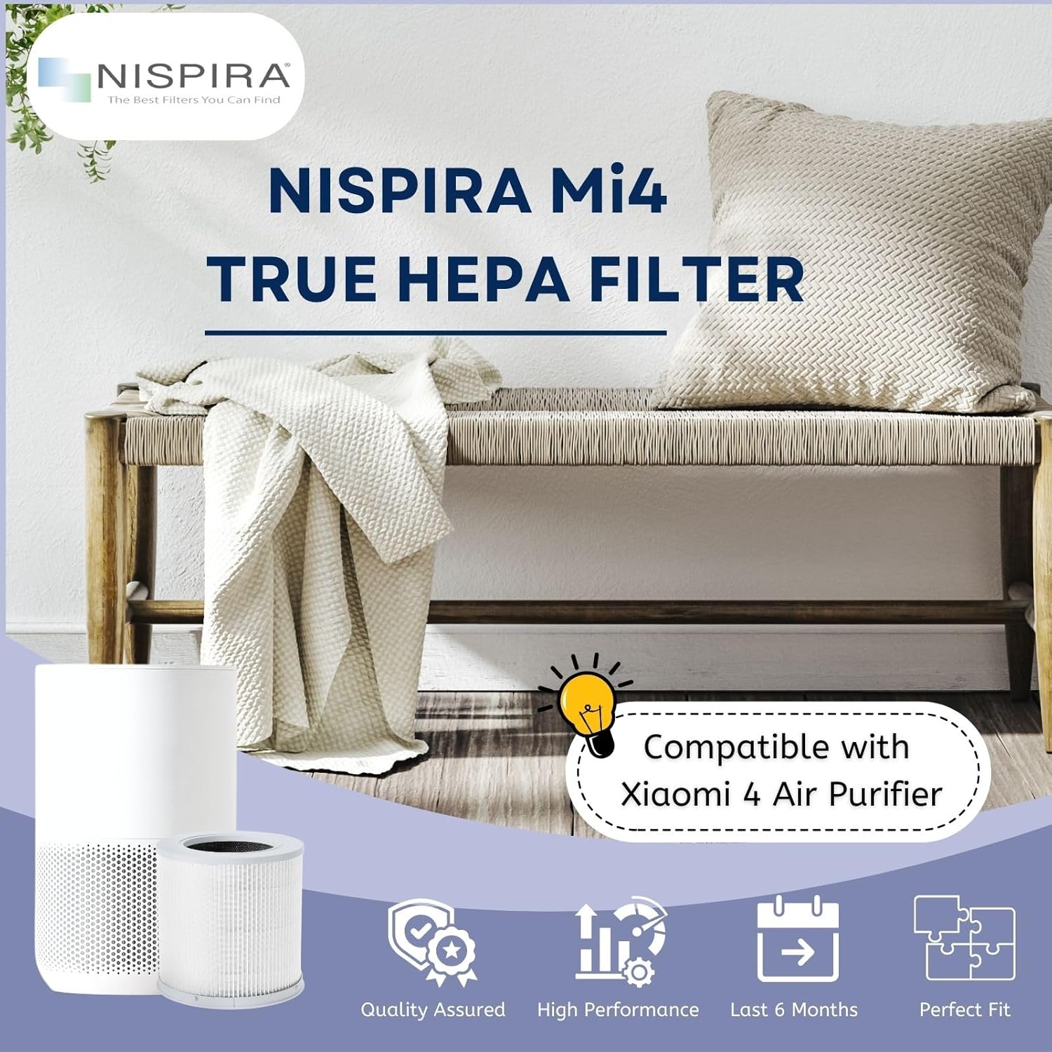 Nispira Filter Replacement for Xiaomi 4 Compact Air Purifier Mi4 Mi H13 3-in-1 Activated Carbon, 3 Pack - Image 2