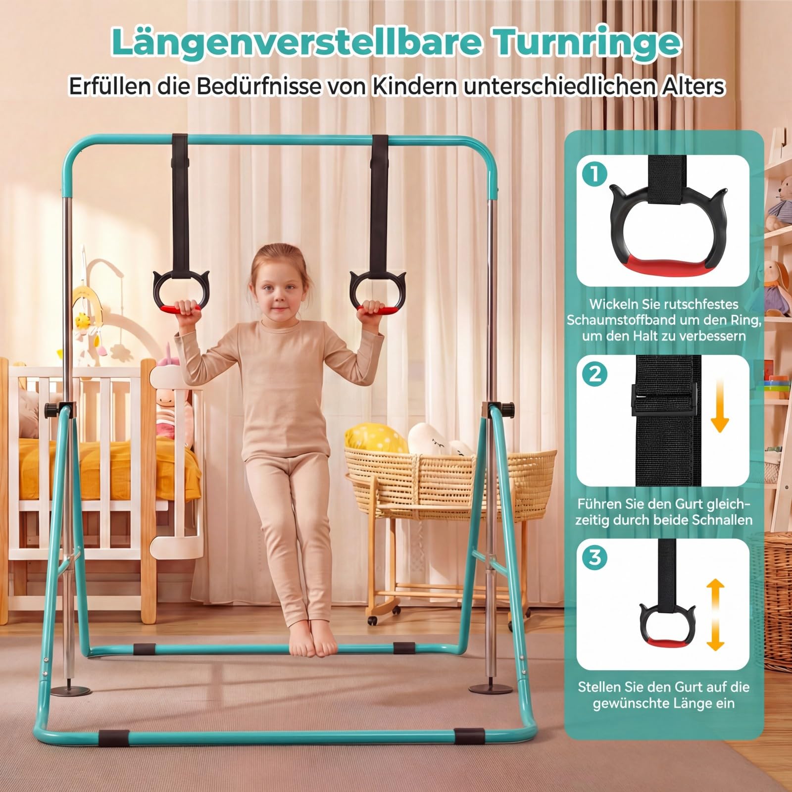 COSTWAY Gymnastikstange Kinder faltbar, Reckstange mit 4 Verstellbarer Höhen & Turnringe, horizontale Turnstange für Indoor & Outdoor, Turnreck erweiterbar für Kinder von 3-12 Jahren