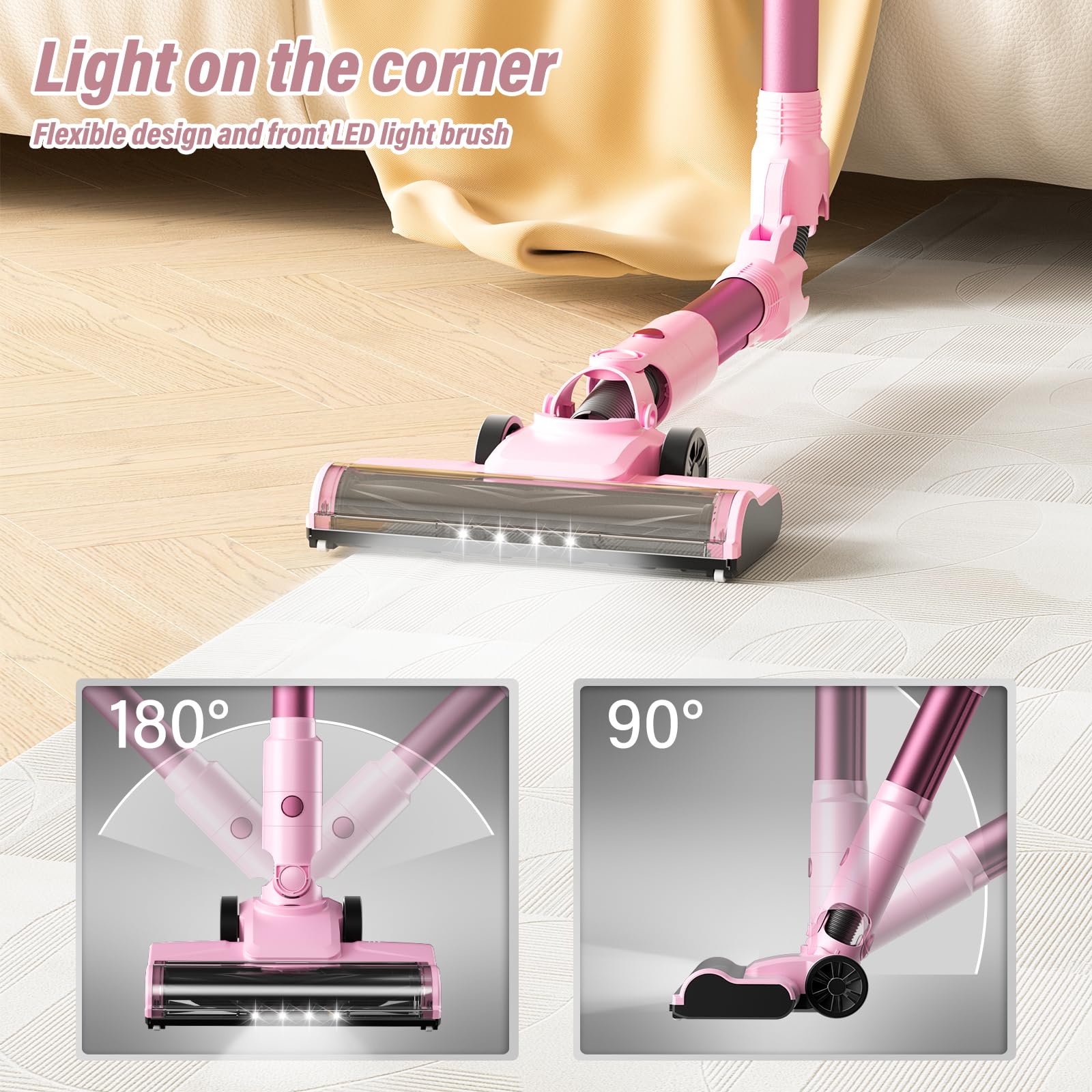 Stanew Aspirapolvere Senza Fili Potente 320W/40 Min/33000Pa, Rosa Scopa Elettrica Senza Fili, Pieghevole a 180°, Filtrazione HEPA, LED, per Peli di Animali, Tappeti, Auto, Pavimenti Dure, Divani
