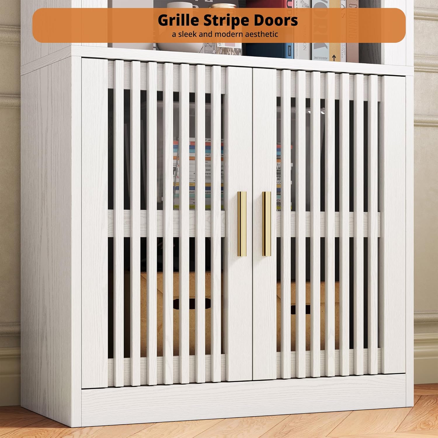 IRONCK Mid-Century Book Shelf, 6-Tier Floor Standing Bookcase with Grille Doors, Tall Storage Shelves for Display & Organizing, Suitable for Home Office, Living Room (White)