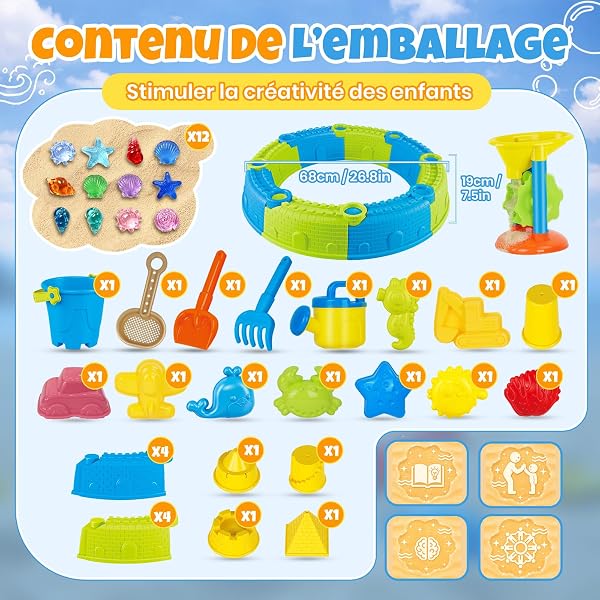 JONRRYIN Jouet de Plage Enfant, 44 Pièces Bac à Sable Jouets de Plage avec Moule pour Château de Sable, Pelle, Râteaux, Moules à Sable, Gemme pour Enfants Garçons Filles (Circulaire) - 2