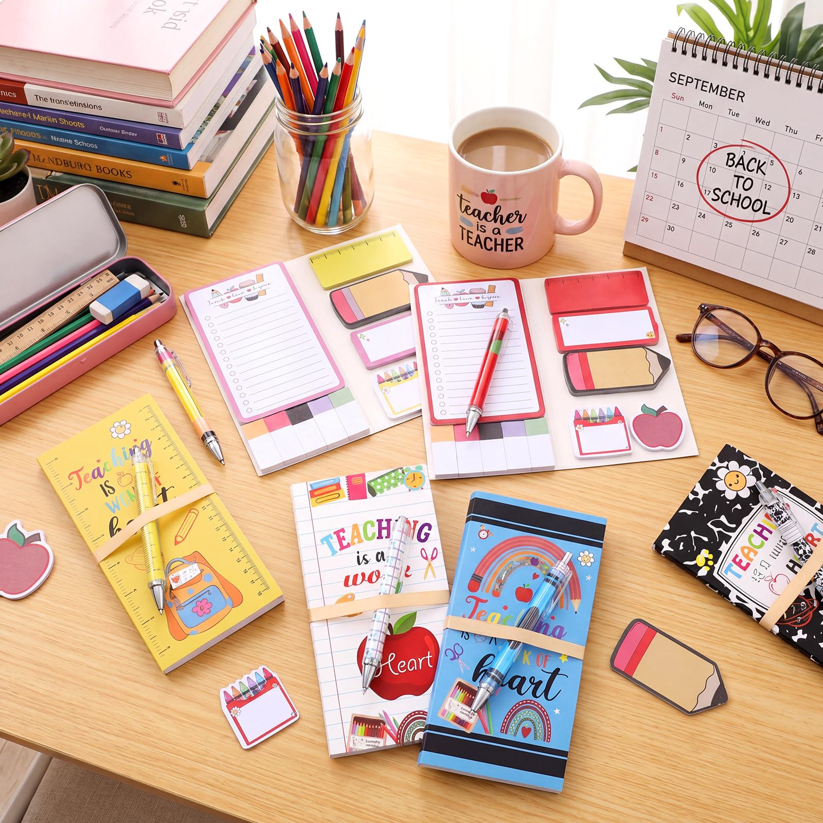 Epakh Set di 6 note adesive per insegnanti, per il rientro a scuola, con penna e fiocco, composizione a forma di mela, a forma di matita, note autoadesive per il primo giorno di scuola