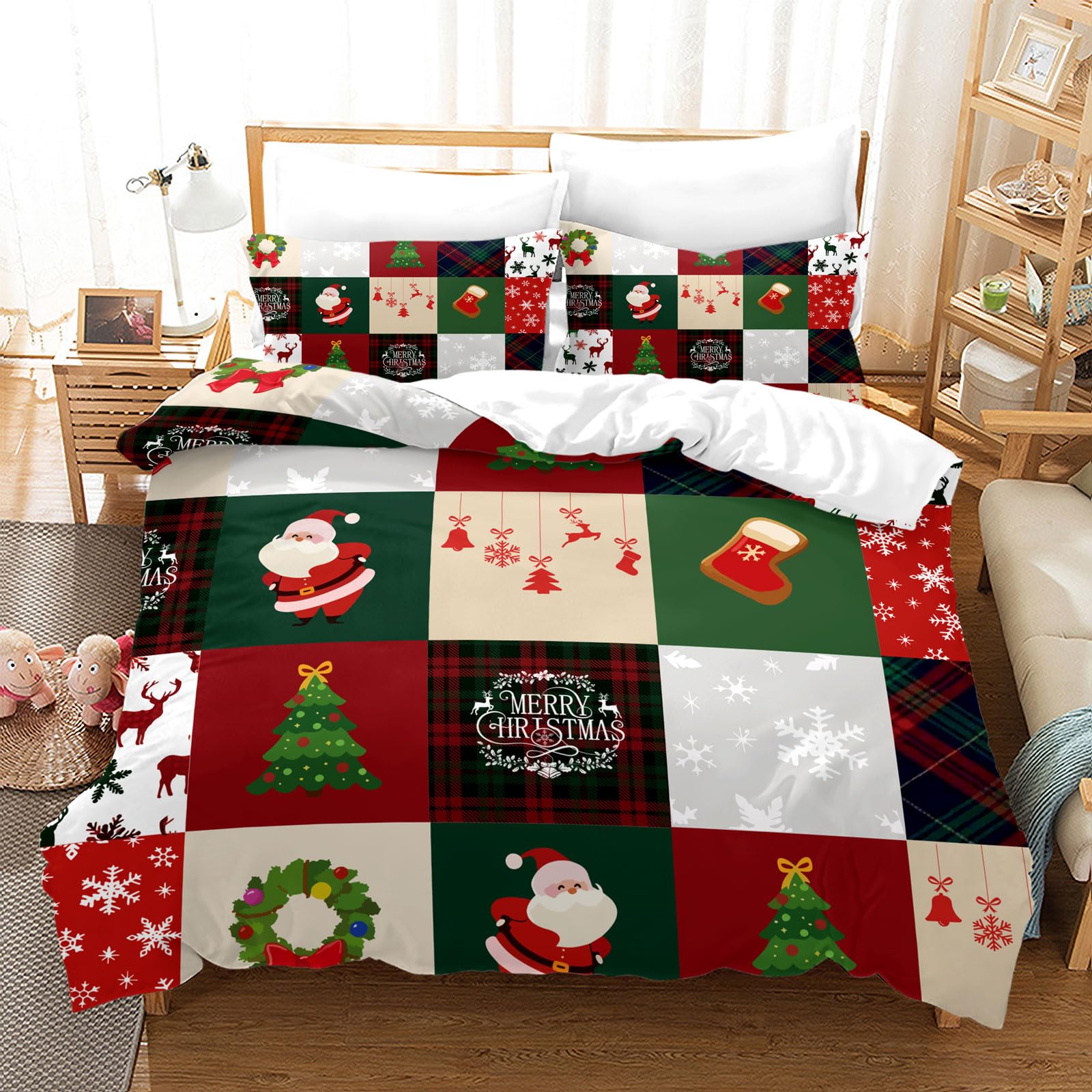 UGZDEA Christmas Bedding Set 200x200cm, 3D Christma Bedding Set including 2 Pillowcases, Father Christma, Christmas Tree