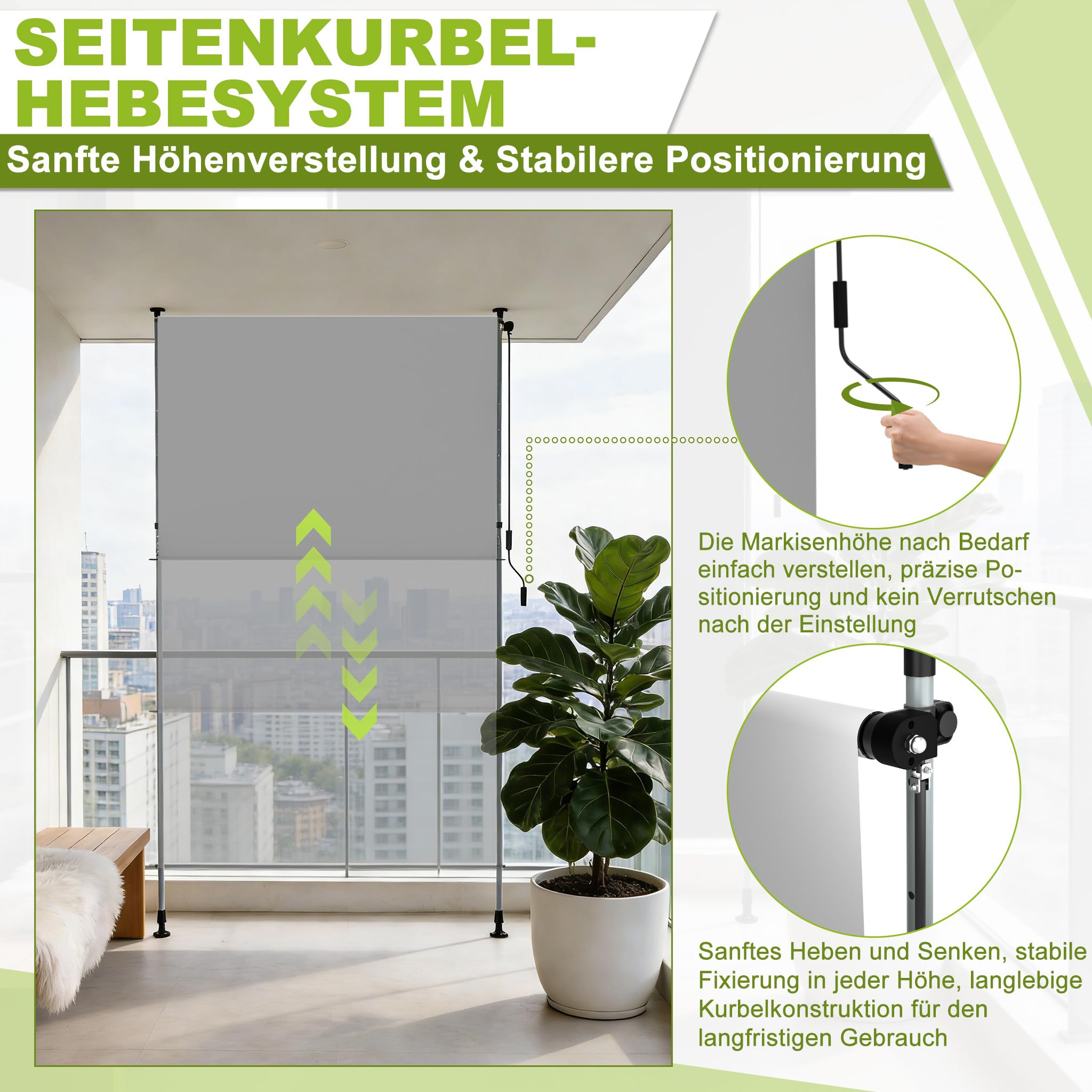 YRHome Klemmmarkise 200x310cm Vertikalmarkise Wasserfest & UV-Schutz Senkrechtmarkise mit Handkurbel ohne Bohren Sichtschutz Ausziehbar Seitenmarkise für Garten Terrasse Balkon - Hellgrau