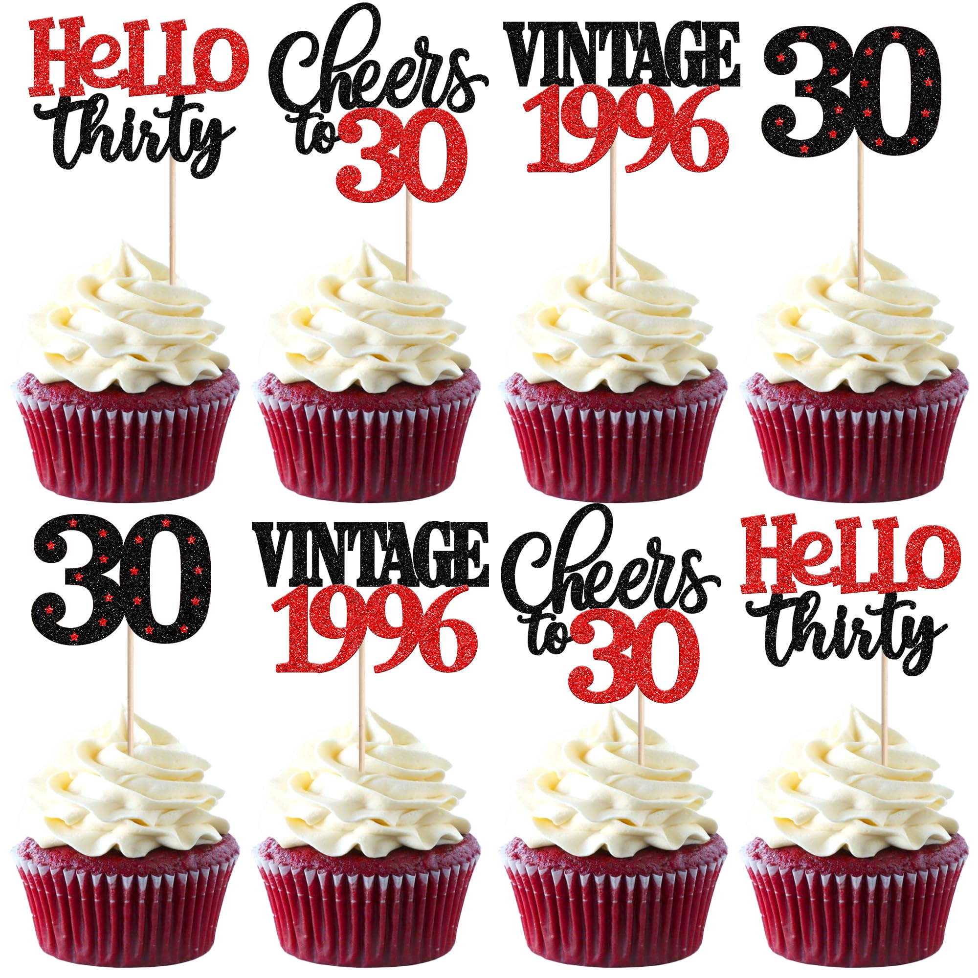 24 PCS Happy 30th Birthday Cupcake Toppers Star 30 Hello Thirty Vintage 1996 Cupcake Picks Cheers to 30 Birthday Decorations for him 30th Years