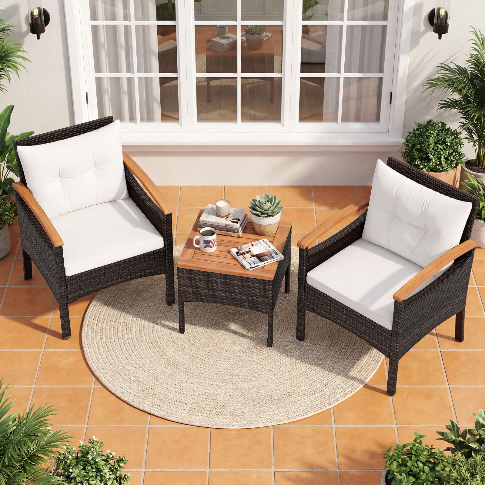 COSTWAY Conjunto Terraza 3 Piezas, Conjunto de Muebles Ratán de jardín, Mesa de Café, 2 Sillas de Ratón con Cojín Desmontable y Respaldo, Madera de Acacia para Patio, Piscina, Balcón (Blanco)