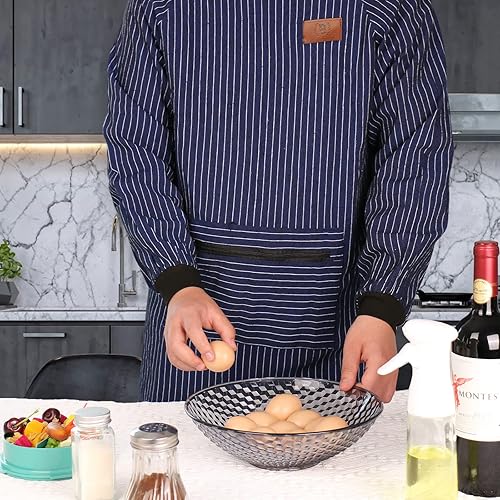 Miniatura 2 de Delantales de algodón de manga larga a rayas para trabajos de limpieza, delantal de manga larga con bolsillos con cremallera, delantal a rayas para