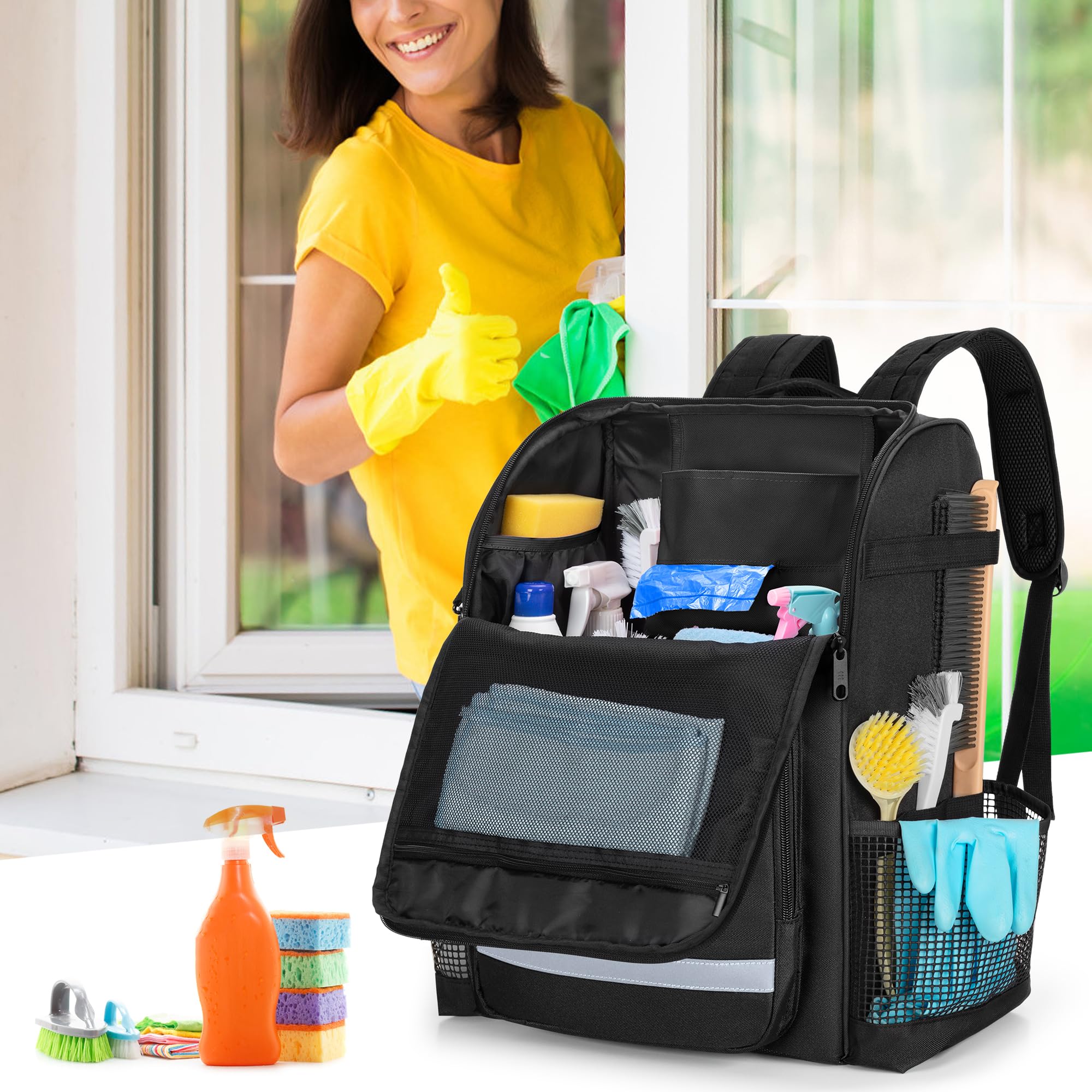 LoDrid Rucksack für Reinigung mit Verdickten, Verstellbaren Schultergurten, Großer Reinigungstasche mit Mehreren Taschen für Hausarbeit, Schwarz (Patentiertes Design)