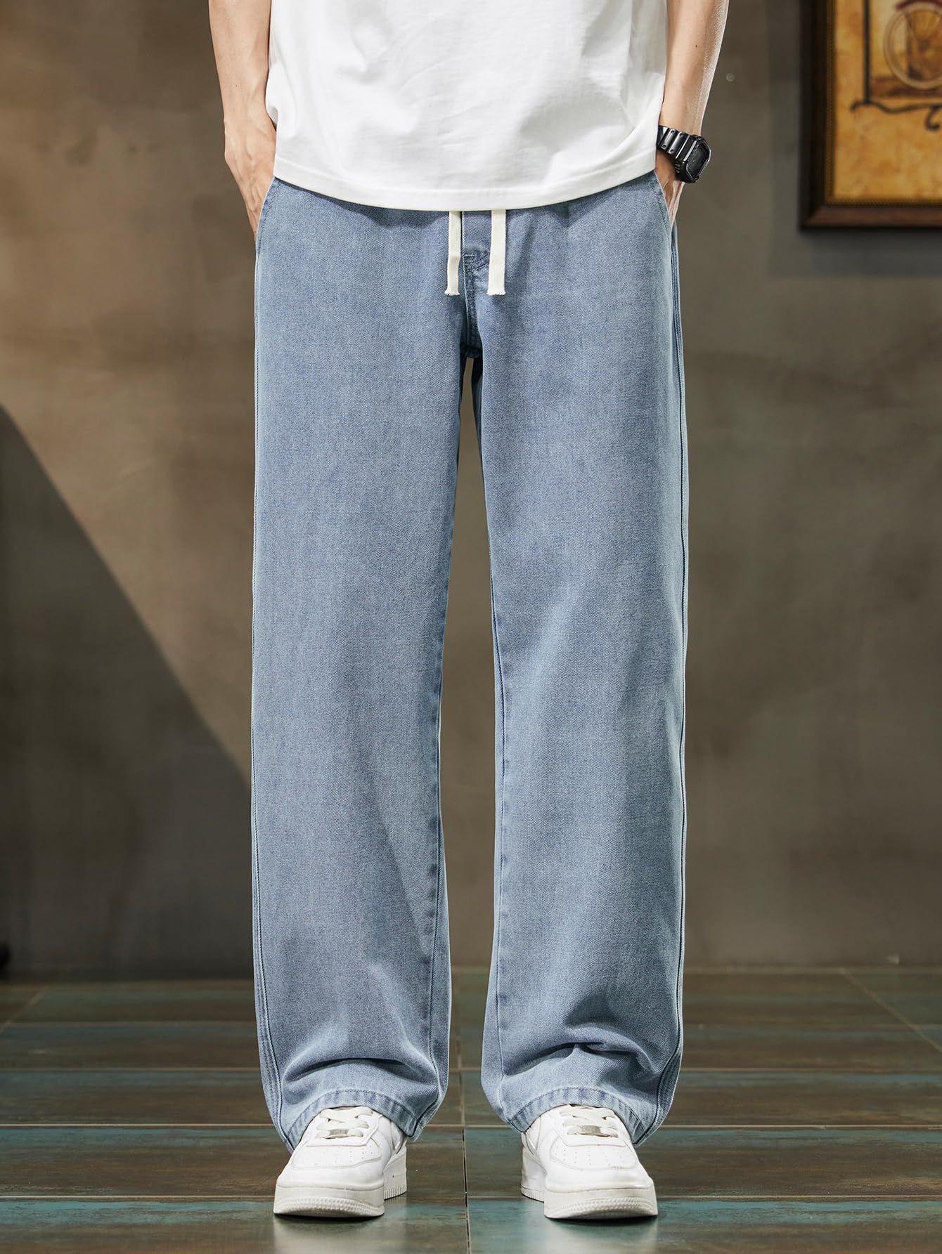 Herren Straight Baggy Jeans mit Elastikbund, Kordel & Taschen, Y2K