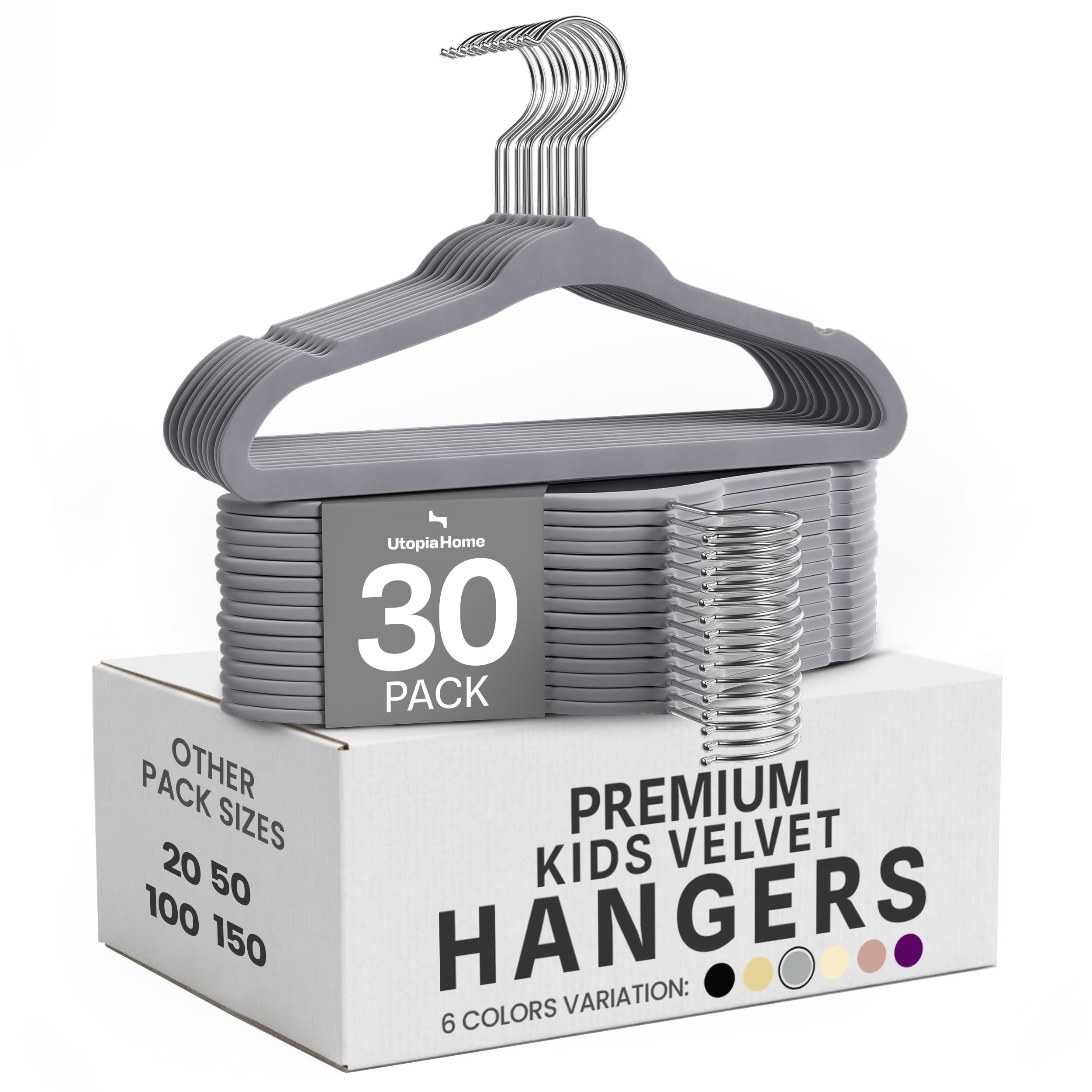 Utopia Home Lot de 30 cintres en Velours pour Enfants – Cintres durables de 28 cm pour Placard – Cintres Parfaits pour Un Usage Quotidien - Gris