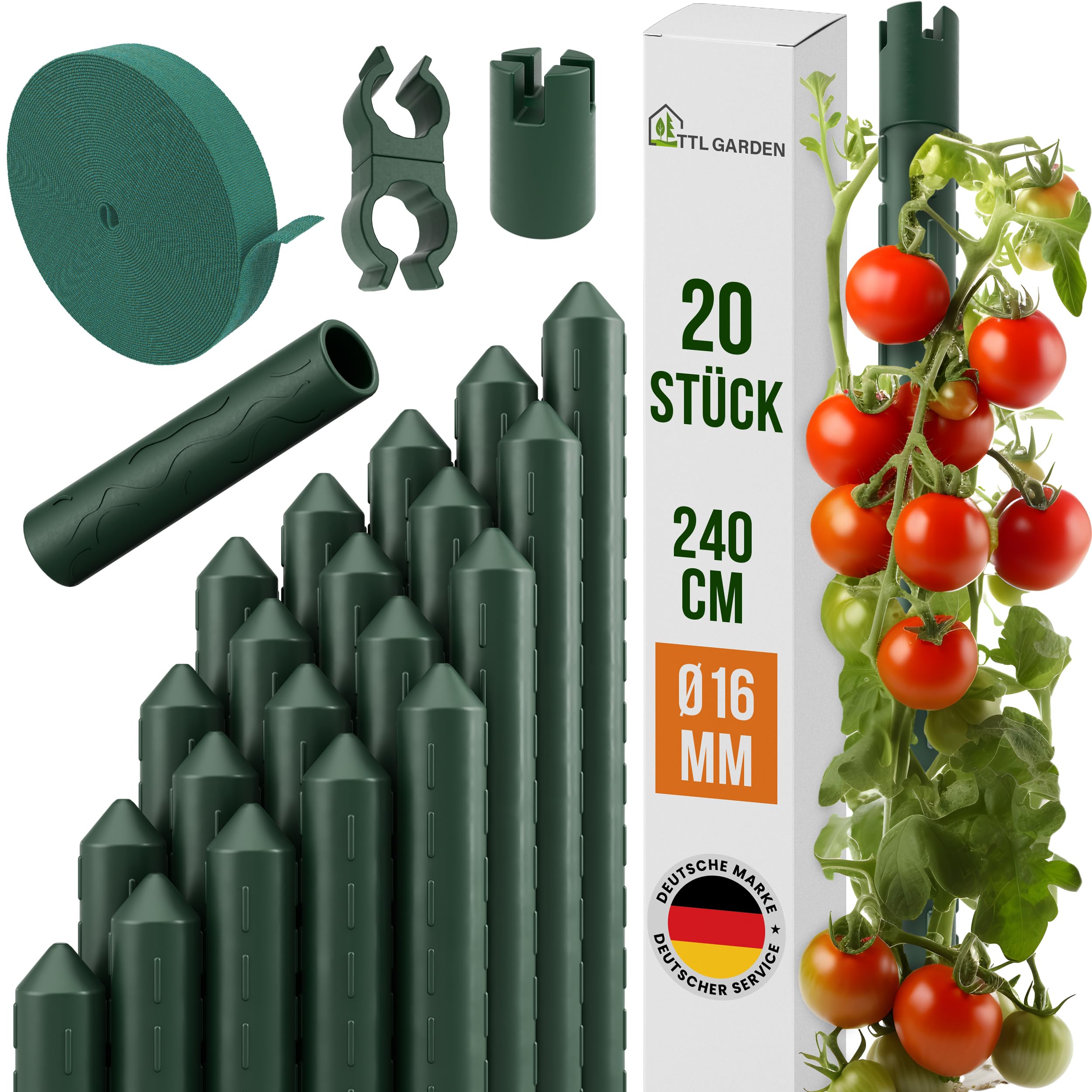TTL GARDEN Juego de 20 varillas, 240 cm x 16 mm de diámetro, color verde, extra estables, 16 mm, con cinta de velcro + clips de acero inoxidable recubierto de plástico, soporte para plantas, soporte