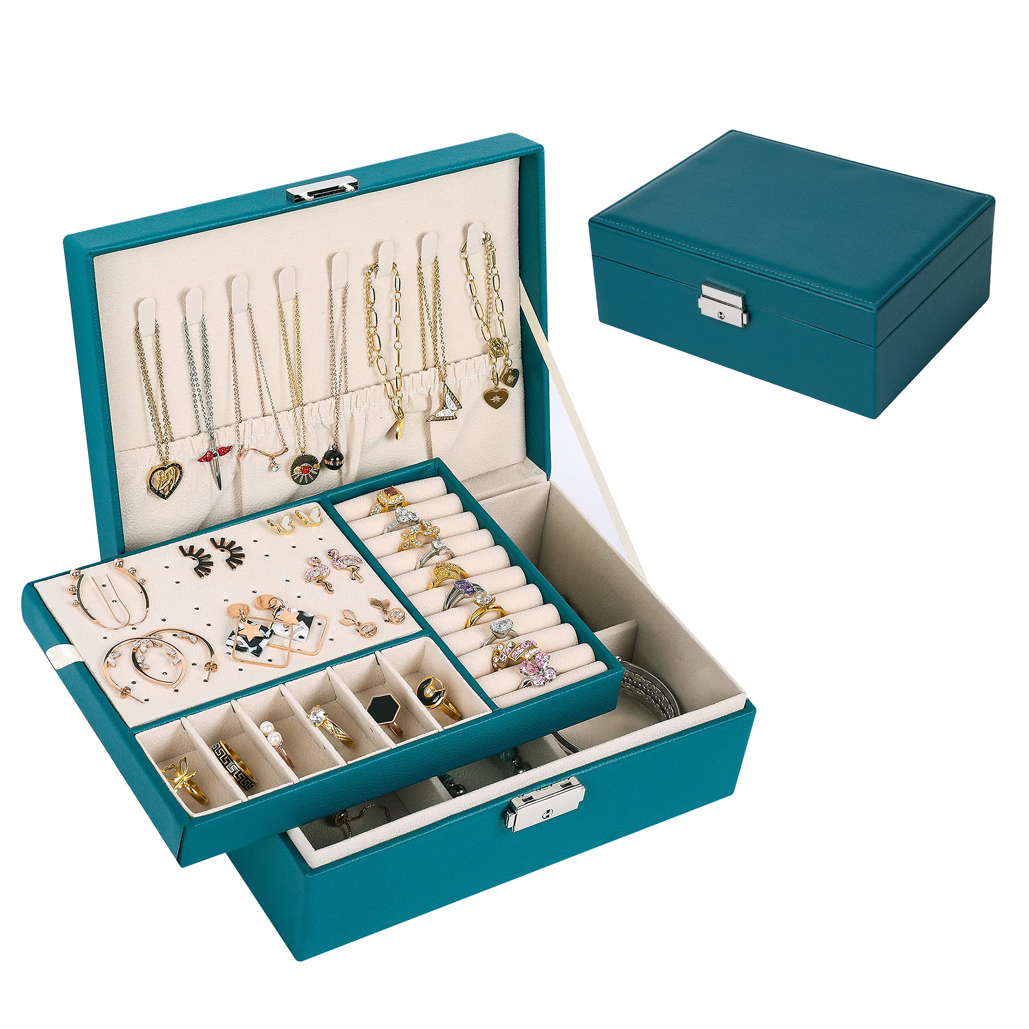 Jewelry Box for Women: Leather with Lock 2 Layer Portable Jewelry Organizer and Box Storage Case Necklaces Bracelets Rings Earring Holder Green