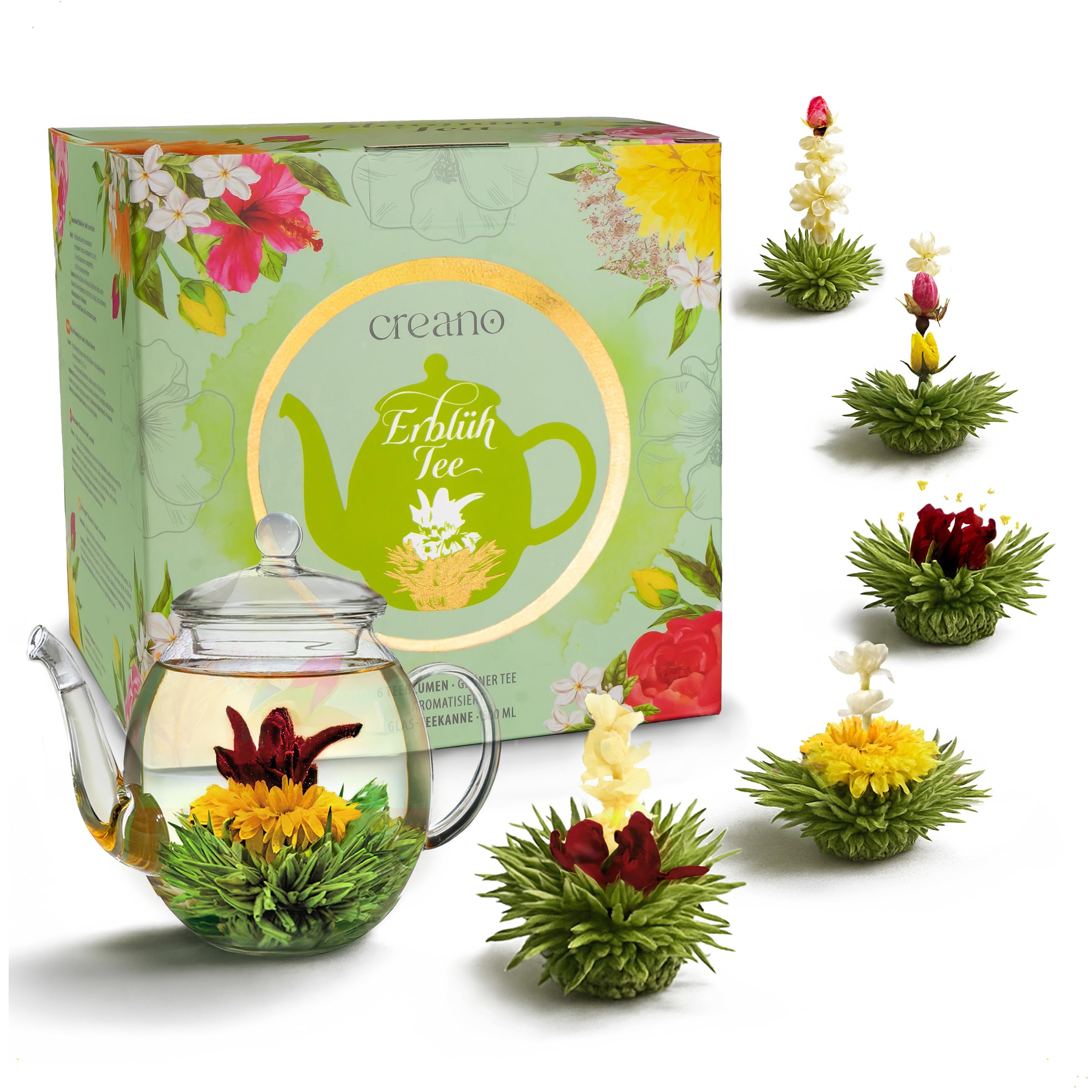 Creano Teeblumen Geschenkset - Flower Design - Erblühtee Frühjahrslese mit 500 ml Glaskanne und 6x grüner Tee - Geschenk zu Valentinstag, Muttertag