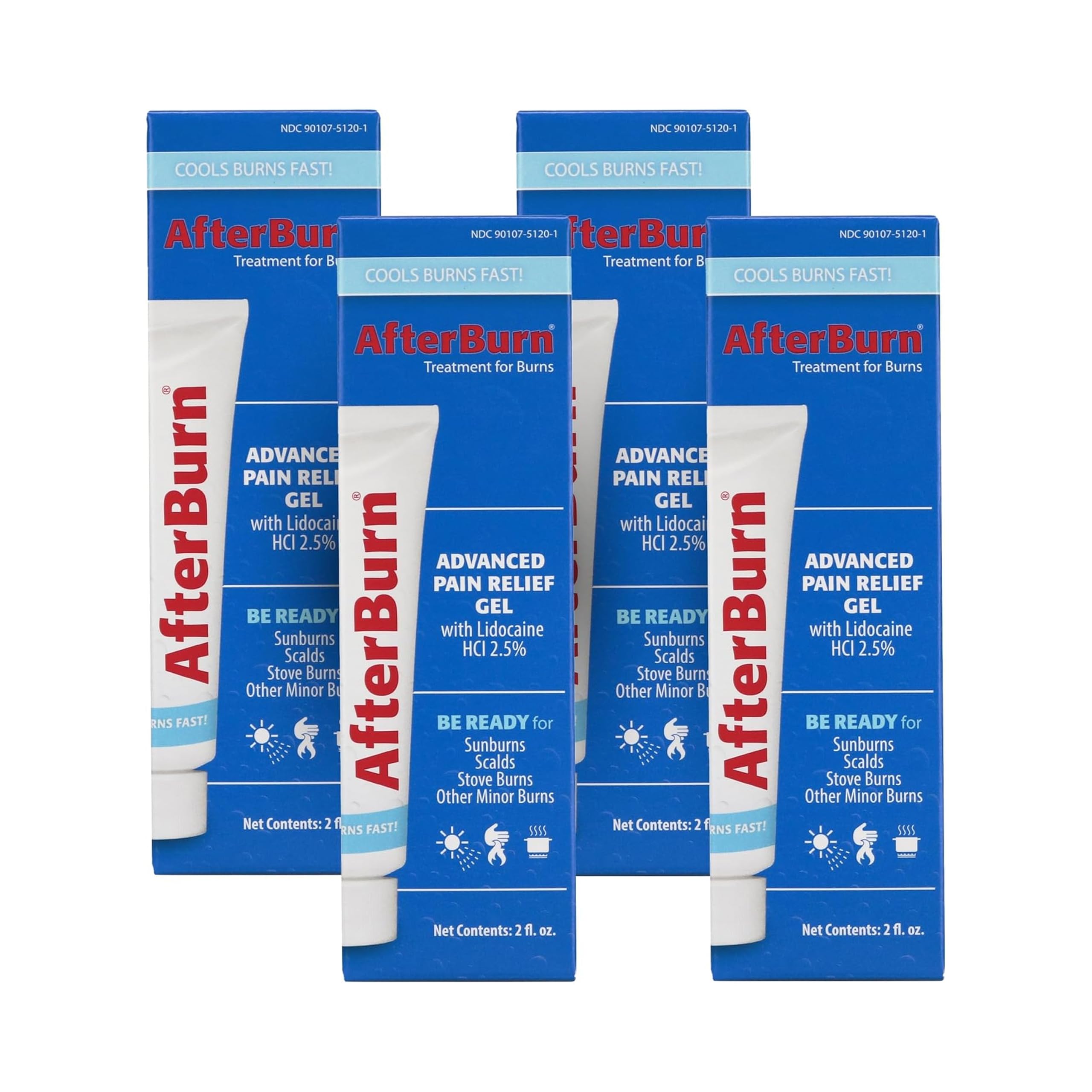 Afterburn Gel Burn Relief, Lidocaine & Aloe Vera, Fast-Cooling, 2oz 4Pk | Fast-Cooling Gel from the Makers of After Bite Soothes Sunburns, Kitchen