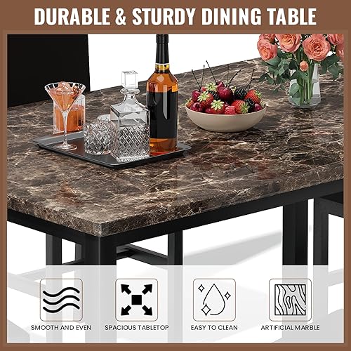 Miniatura 6 de Hooseng Juego de mesa de comedor de 5 piezas para 4, mesa de cocina de mármol sintético con sillas tapizadas, juego de mesa moderno para comedor,
