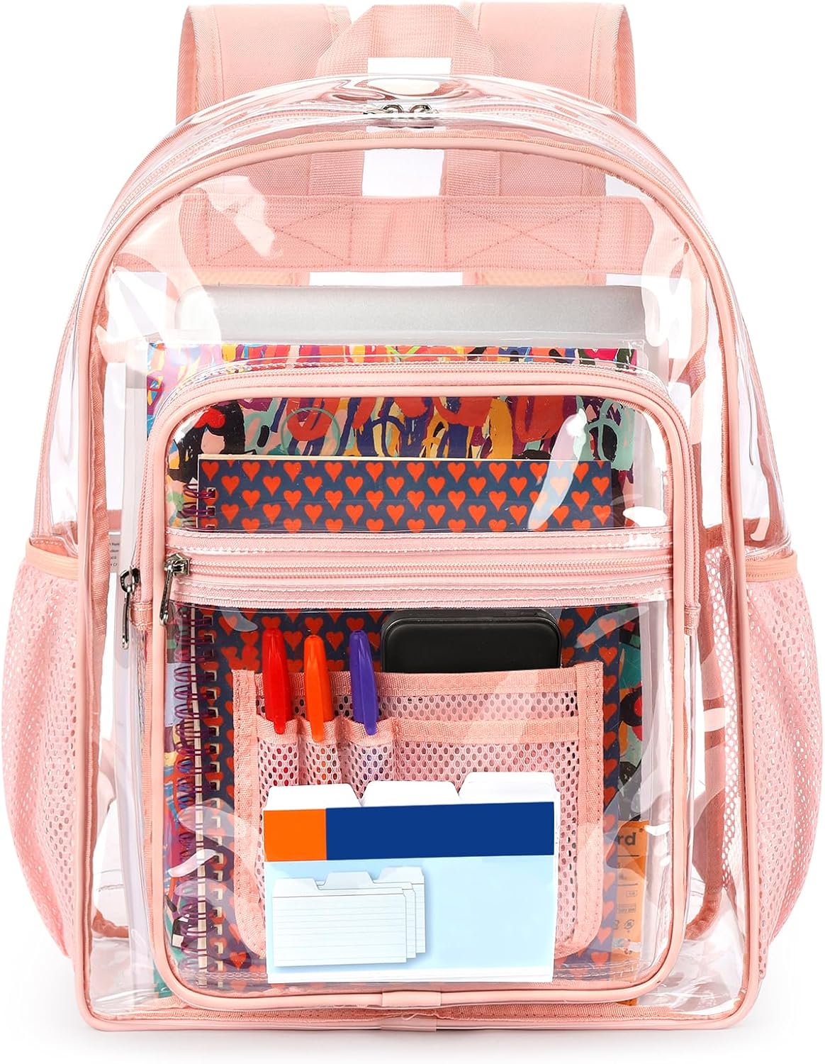 ZORFIN Clear Backpack Heavy Duty for School – 17in Transparent PVC Bag with Large Capacity & Reinforced Straps for Girls, Women - See Through Bookbag for College Workplace Security, Pink