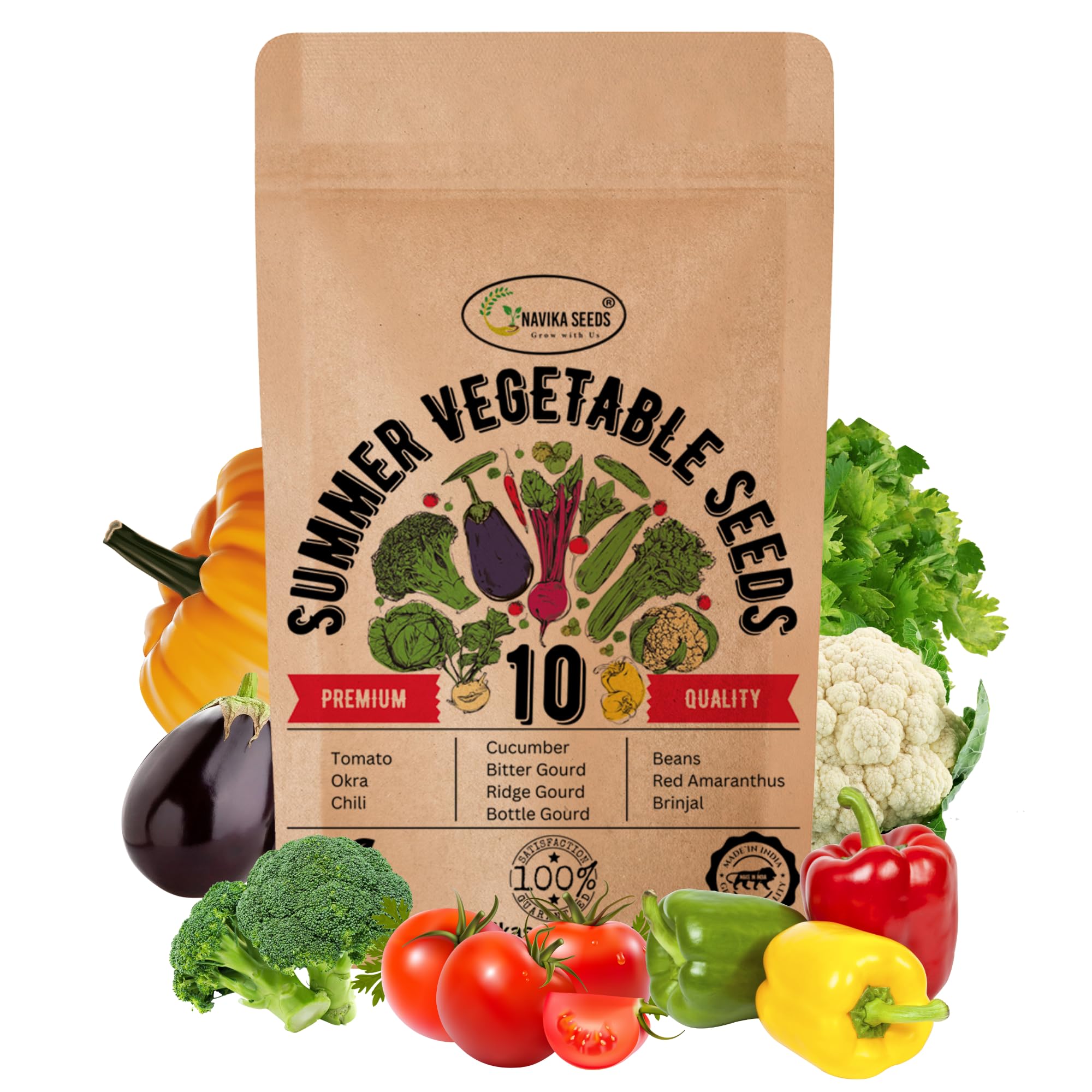 Navika Seeds 10 Packets Of Organic & Hybrid Summer Vegetable Seeds For Home Garden & Planting For Pots And Patio- Includes Free Growing Guide For Kitchen Gardening (10 Summer Vegetables Seeds)
