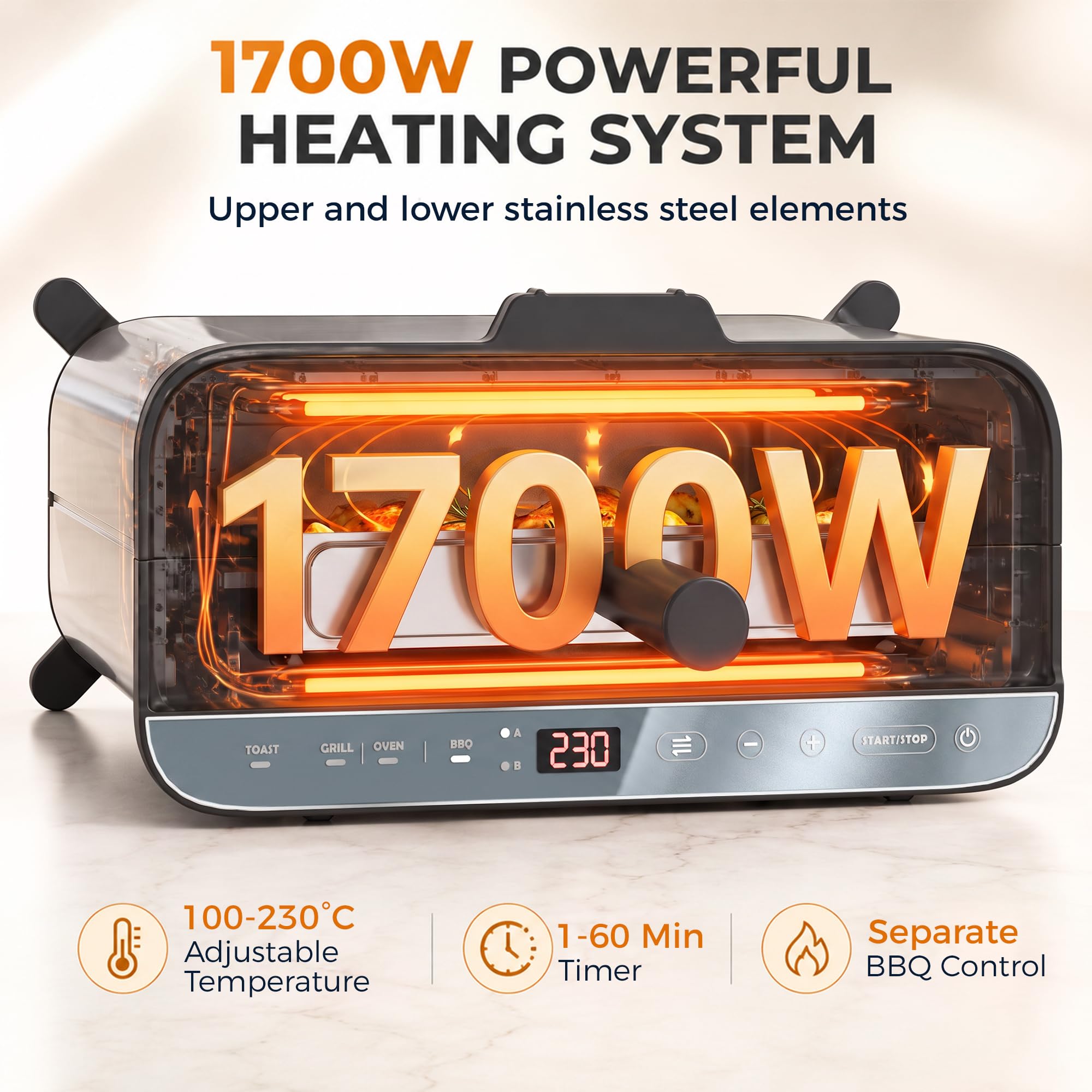 HOMCOM horno eléctrico 3 en 1, tostadora y grill de sobremesa, 5,2 qt, LED, temporizador 60 min, acero inoxidable, 1700 W