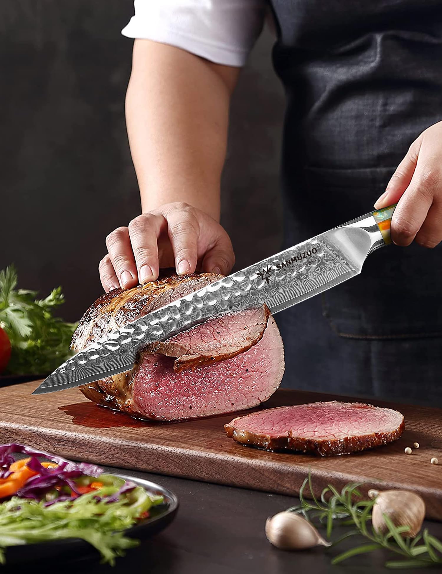 Coltello da intaglio da 20 cm, coltello per affettare la carne, coltello giapponese per sushi - acciaio damasco martellato e manico in resina - Serie YAO