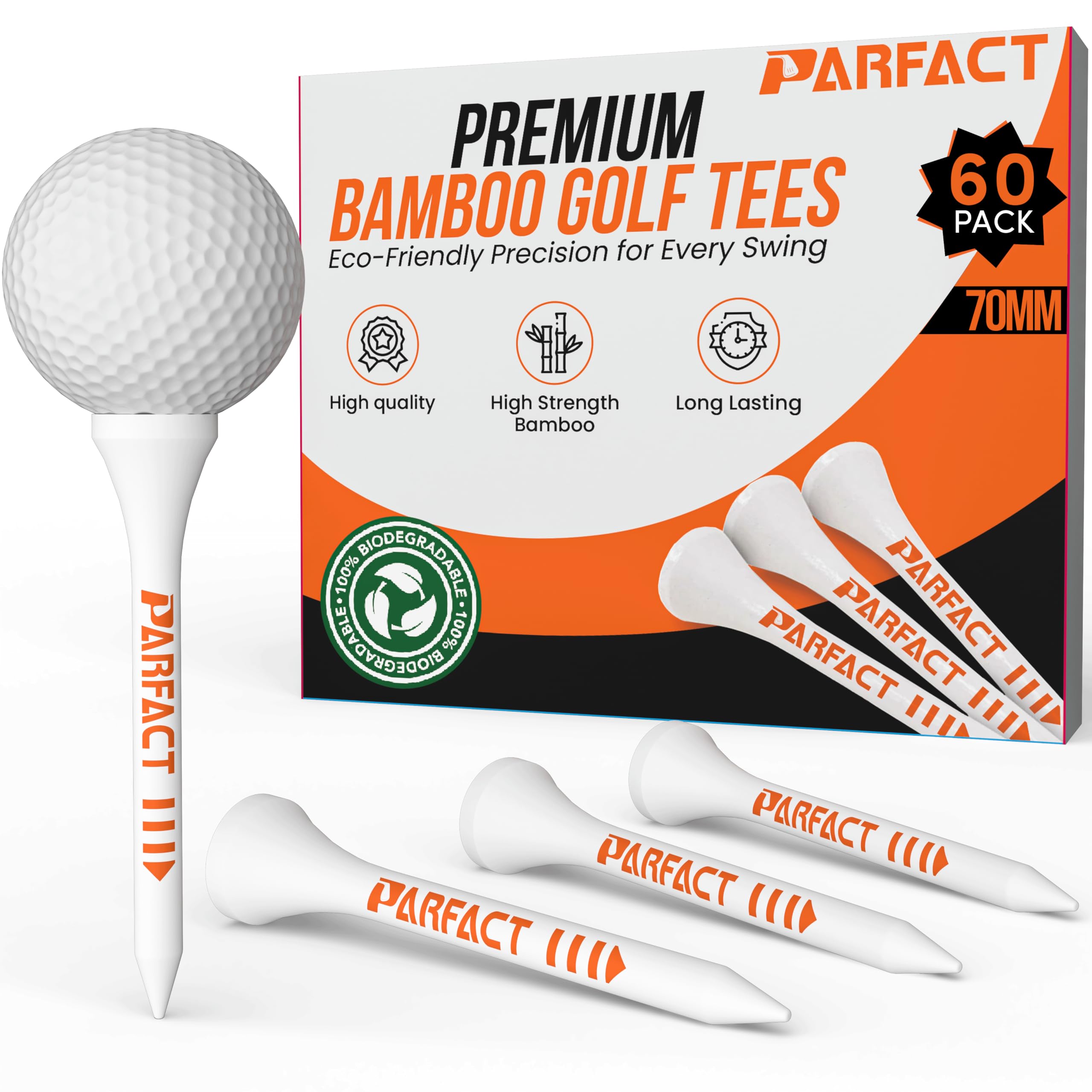 ParFact Golf Tees Wooden | Pack of 60 | Durable Biodegradable Bamboo 70mm Size with Height Markings | Eco-Friendly for Beginners & Pros (WHITE)