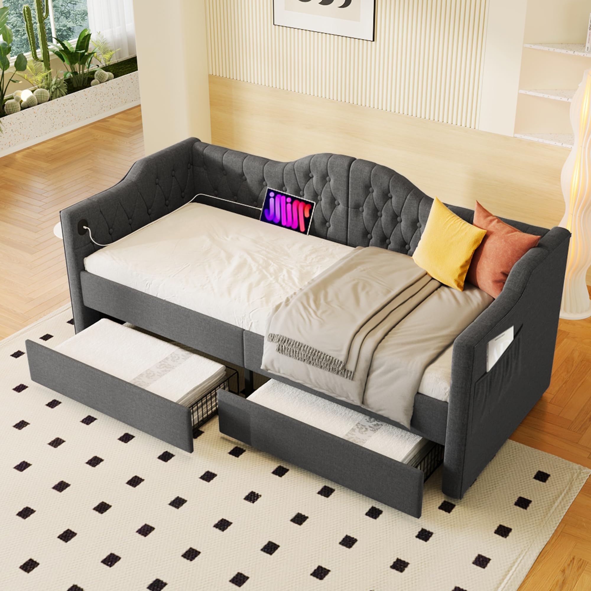 Rtopsu Divano Letto Imbottito 90x200 cm con USB Type C, Letto per Bambini con 2 Cassetti Contenitore, Letto per Ragazzi Struttura Letti con Telaio a Doghe in Legno, Lino, Grigio, Senza Materasso