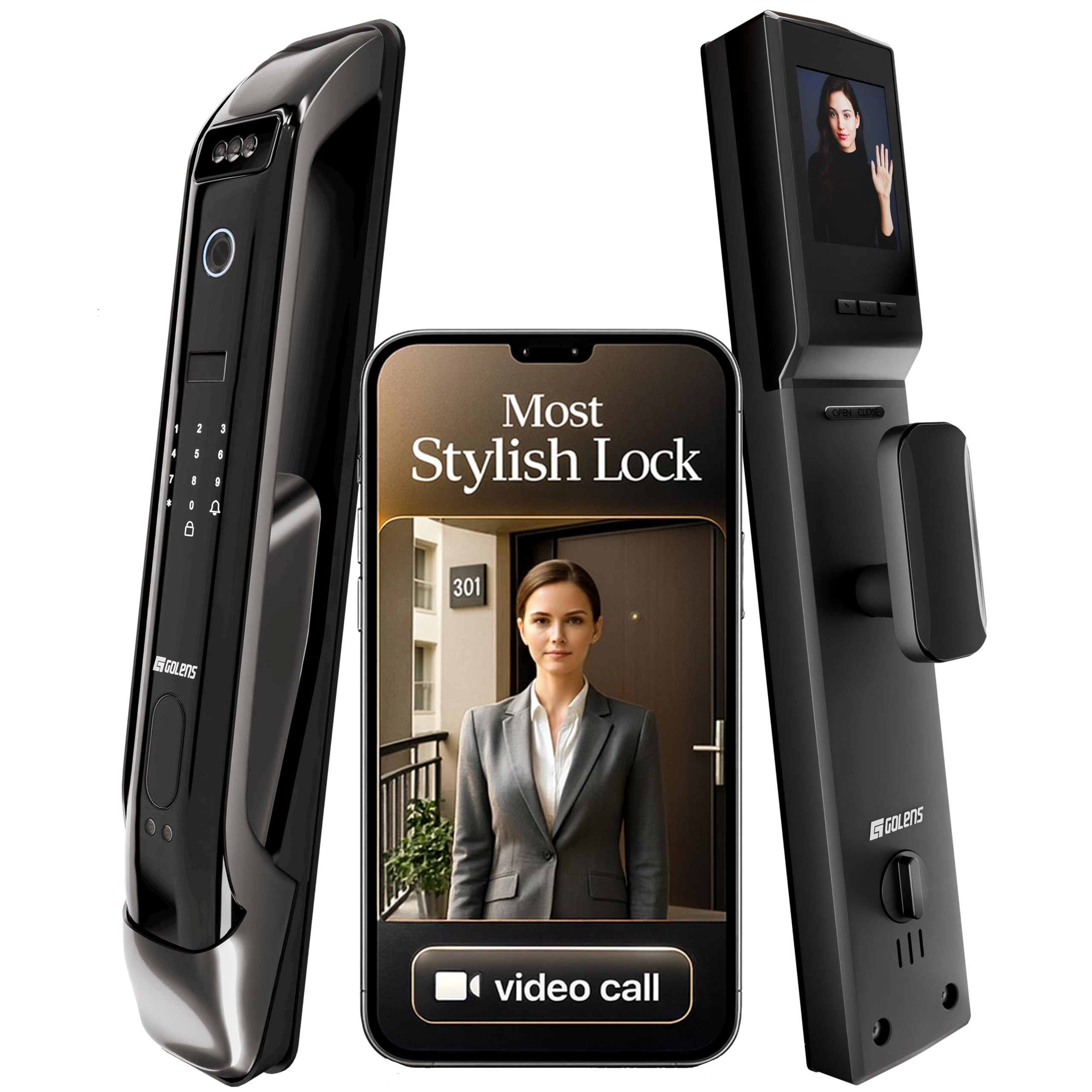 Golens X28 Luxury Digital Smart Door Lock | 9 Ways Unlocking | 3D Face ID | Fingerprint | Mobile App | RFID Card | PIN | OTP | Mechanical Key | Temporary Password | No Extra Gateway Required | Black
