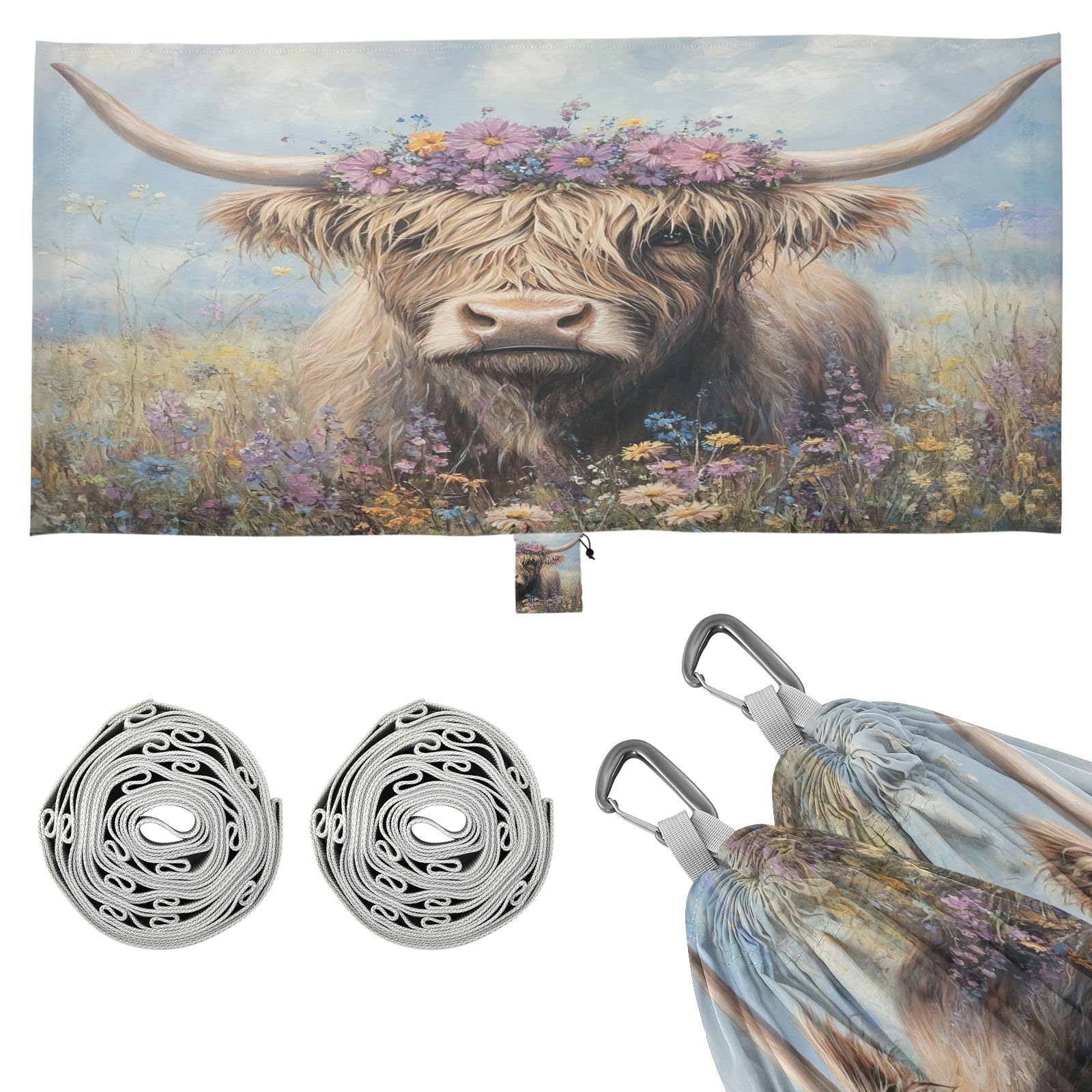 Haskirky Cute Highland Cattle Camping Hammock, Single Portable Hammocks with Tree Straps & Attached Carry Bag, 330Lbs Capacity Perfect for Outside Indoor Hiking Beach Backpack Travel