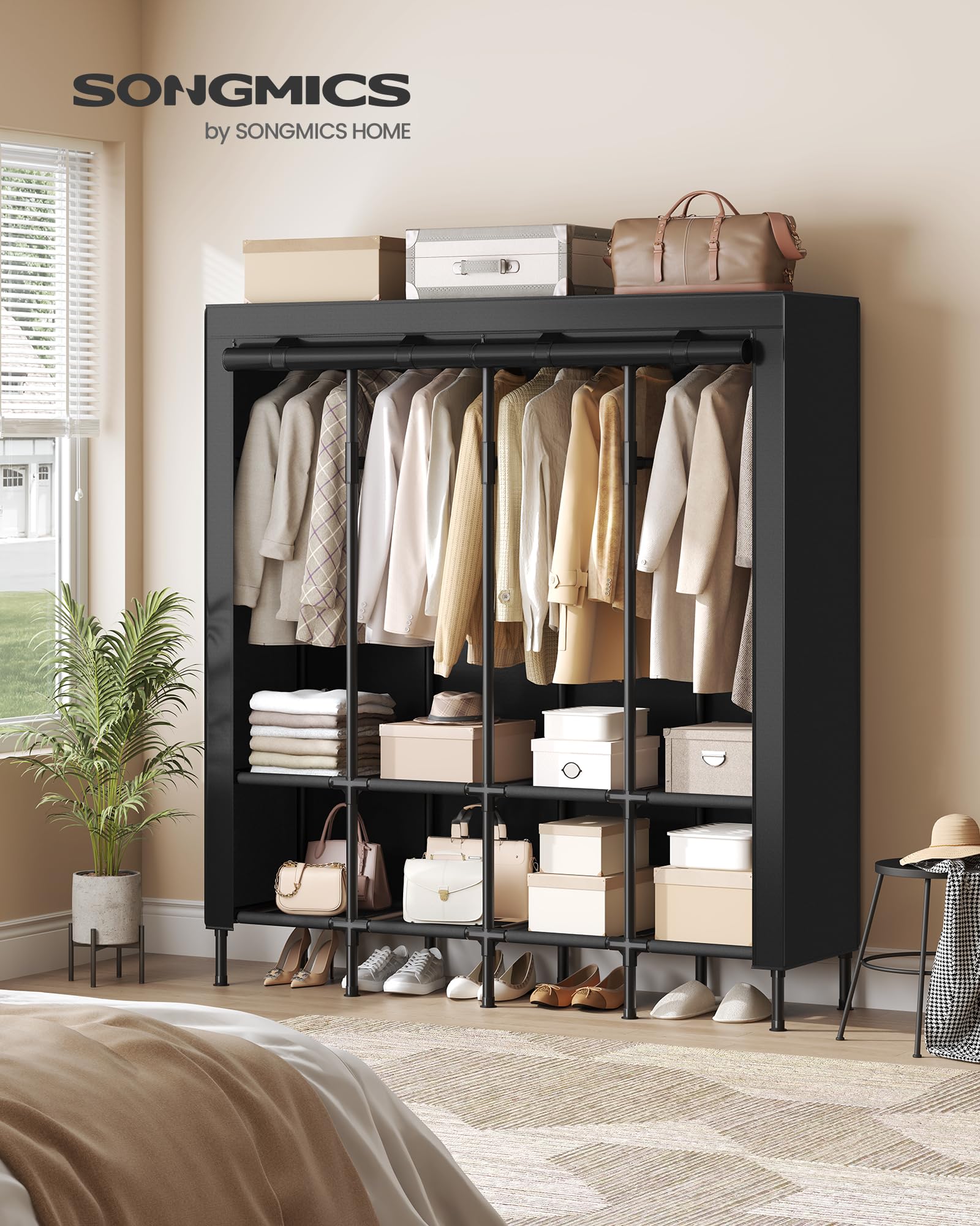 VTRIN Portable Closet – Free Standing Wardrobe With 2 Hanging Rods & 8 Shelves, Black With Cover