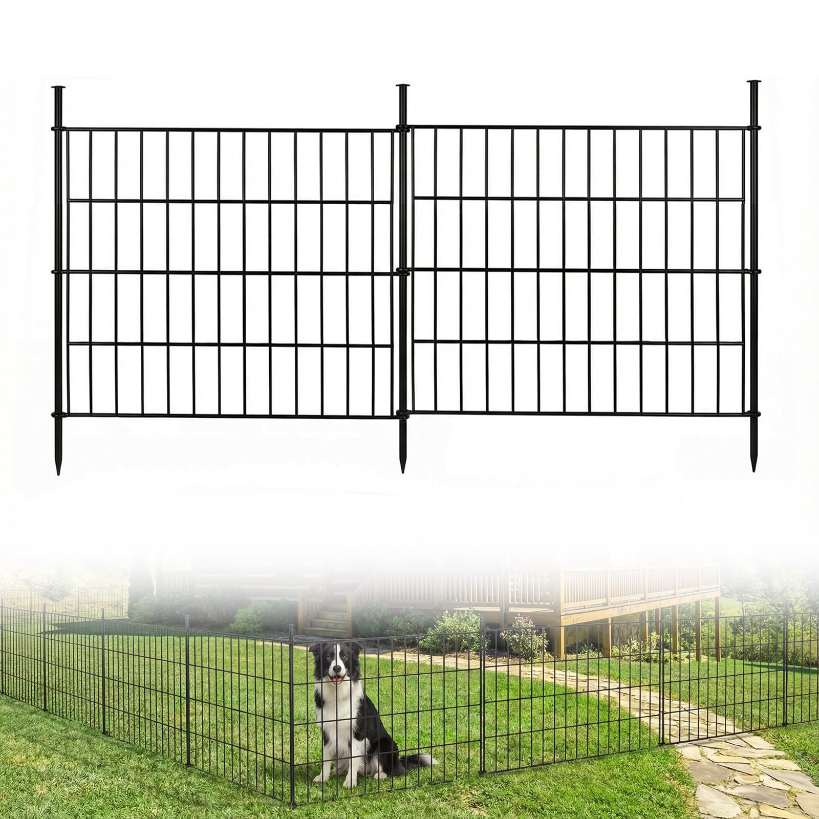 10 Panels No Dig Decorative Outdoor Garden Fence, 24in (H) x 20ft (L) Rustproof Metal Wire Rabbit Dog Garden Border Fencing for Yard, Animal Barrier with Ground Stakes for Patio