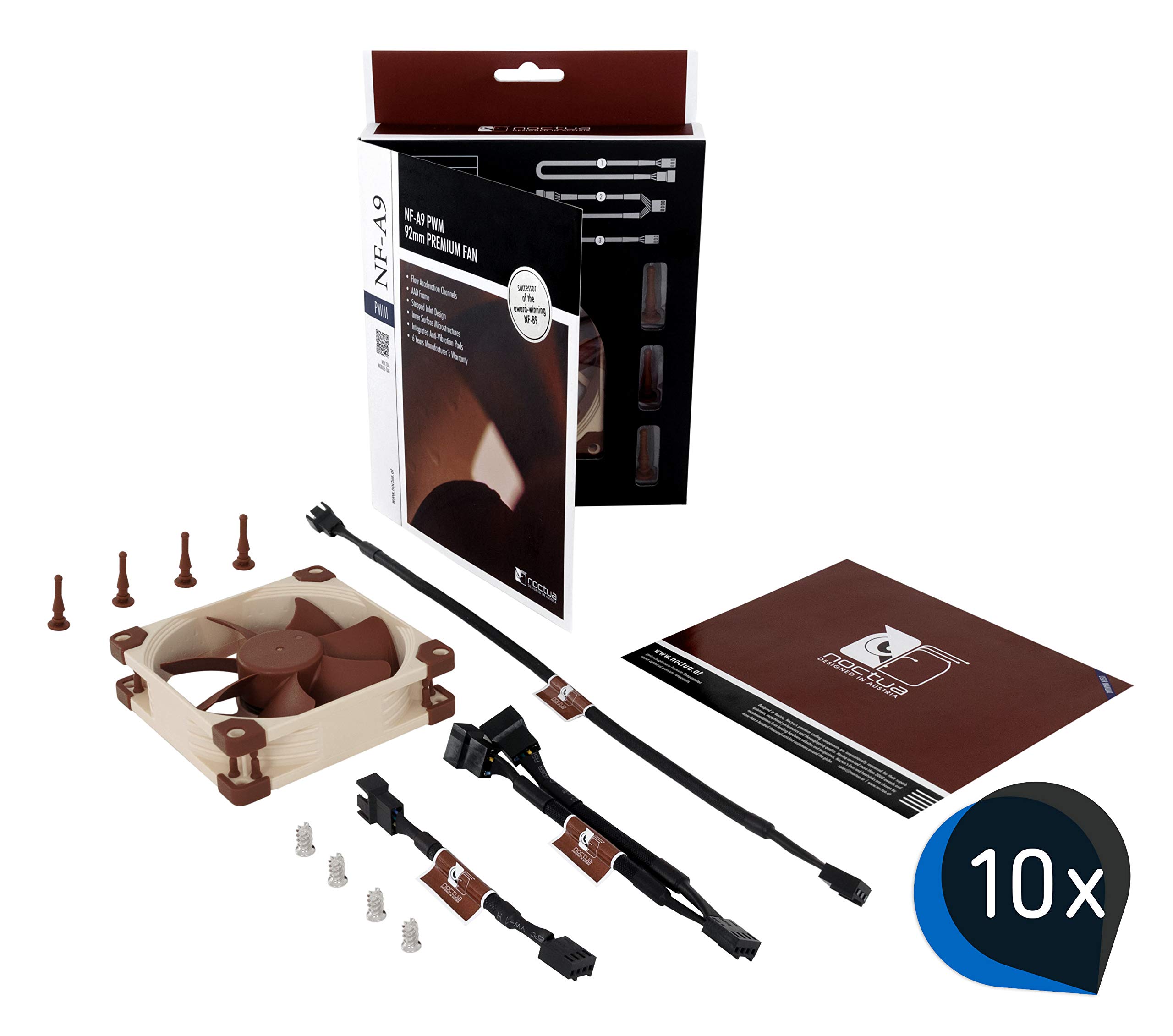 Noctua Paquet : 10x NF-A9 PWM, Ventilateur Silencieux Haut de Gamme, 4 Broches (92 mm, Marron)