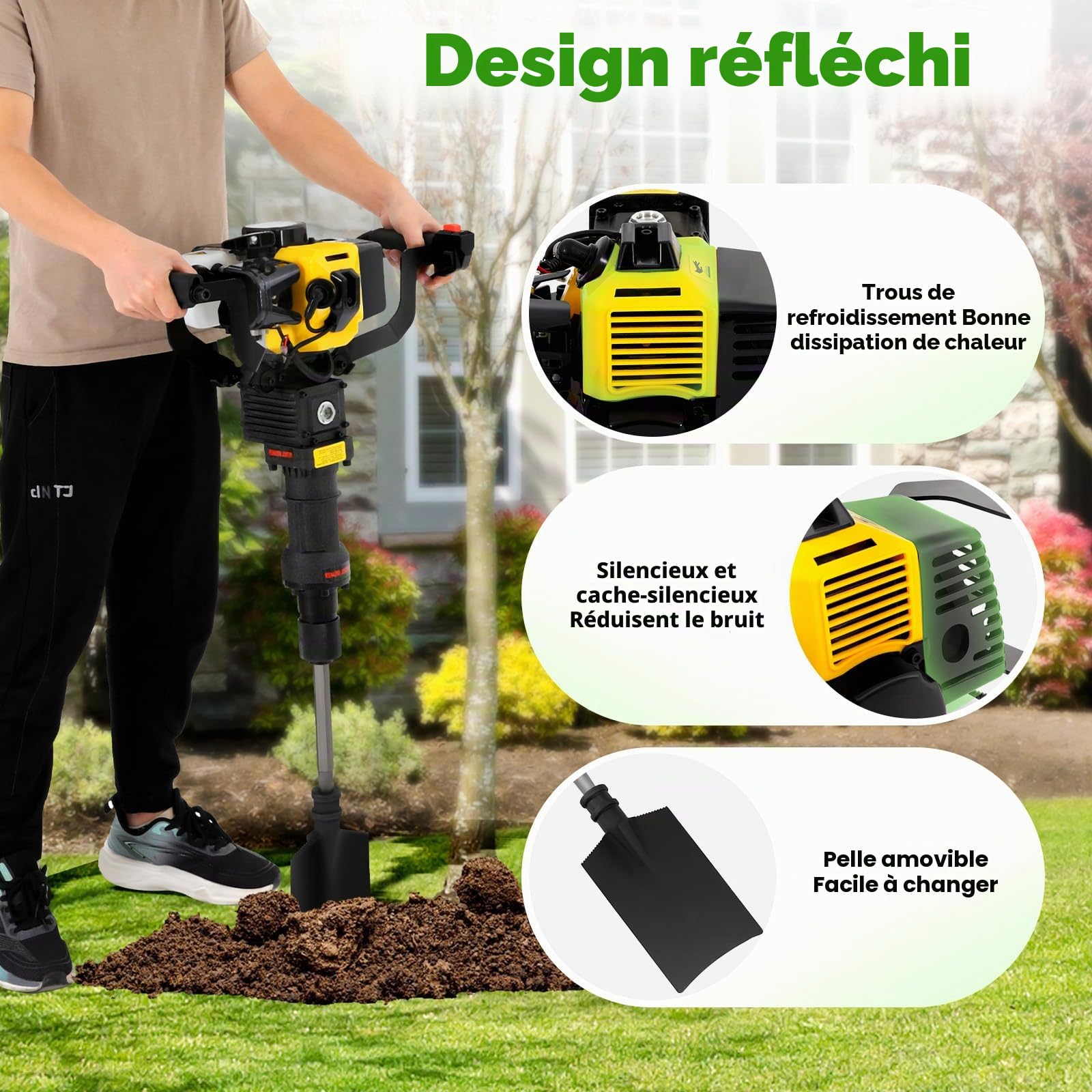 Excavation d'arbre à essence 1250 W - Machine à excavation manuelle avec pelle #7 - 2 temps - 52 cc - Pour jardin, ferme, plantation d'arbres, forêt, agriculture - Jaune