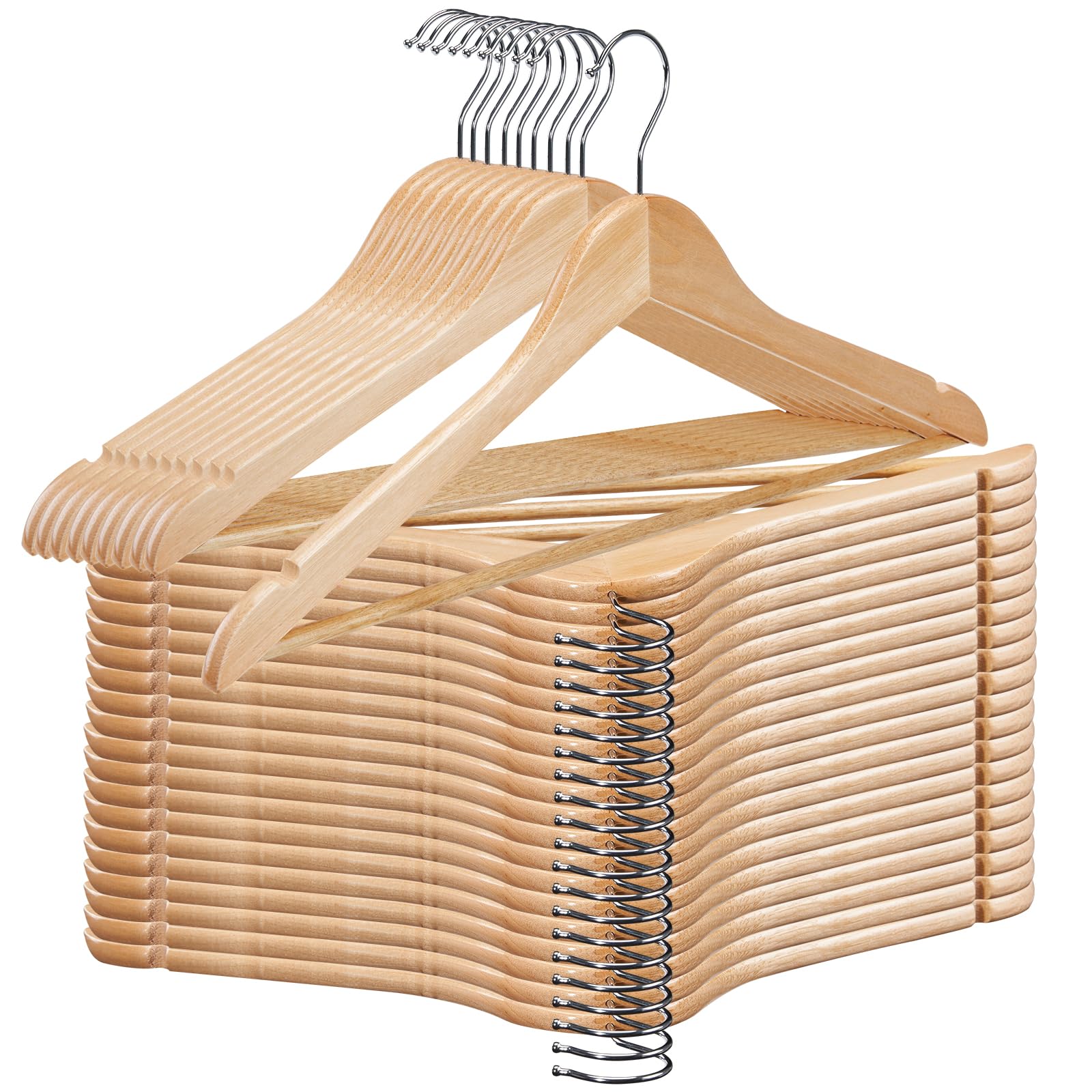 Heavy Duty Wooden Hangers - 30 Pack, Supports Up to 20 lbs, 360° Swivel Hook & Anti-Slip Notches, Smooth Finish Suit Hanger for Coats and Clothes-Natural