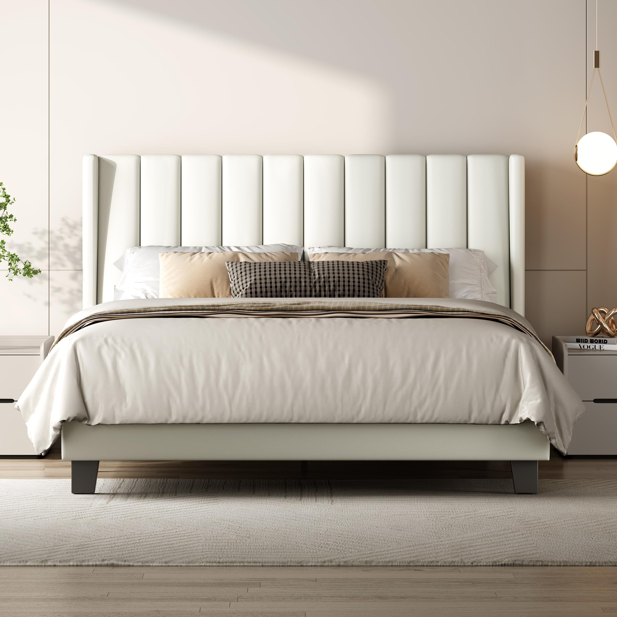 Yaheetech 5ft King Bed Frame, PU Leather Tufted Wing Headboard, Cream โ image 1