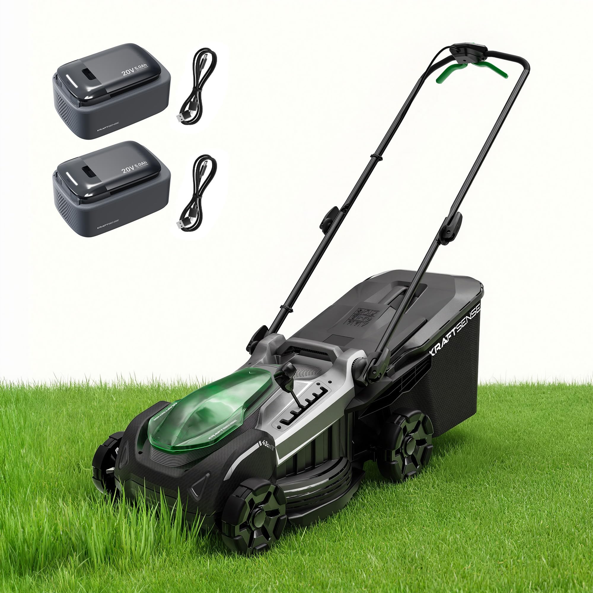Cortacésped eléctrico de 45,7 cm, Cortacésped inalámbrico de 20 V con 2 baterías de 5,0 Ah, Motor sin escobillas, Mulching y Ensacado 2 en 1, Ajuste de Altura a 6 Posiciones, para pequeñas