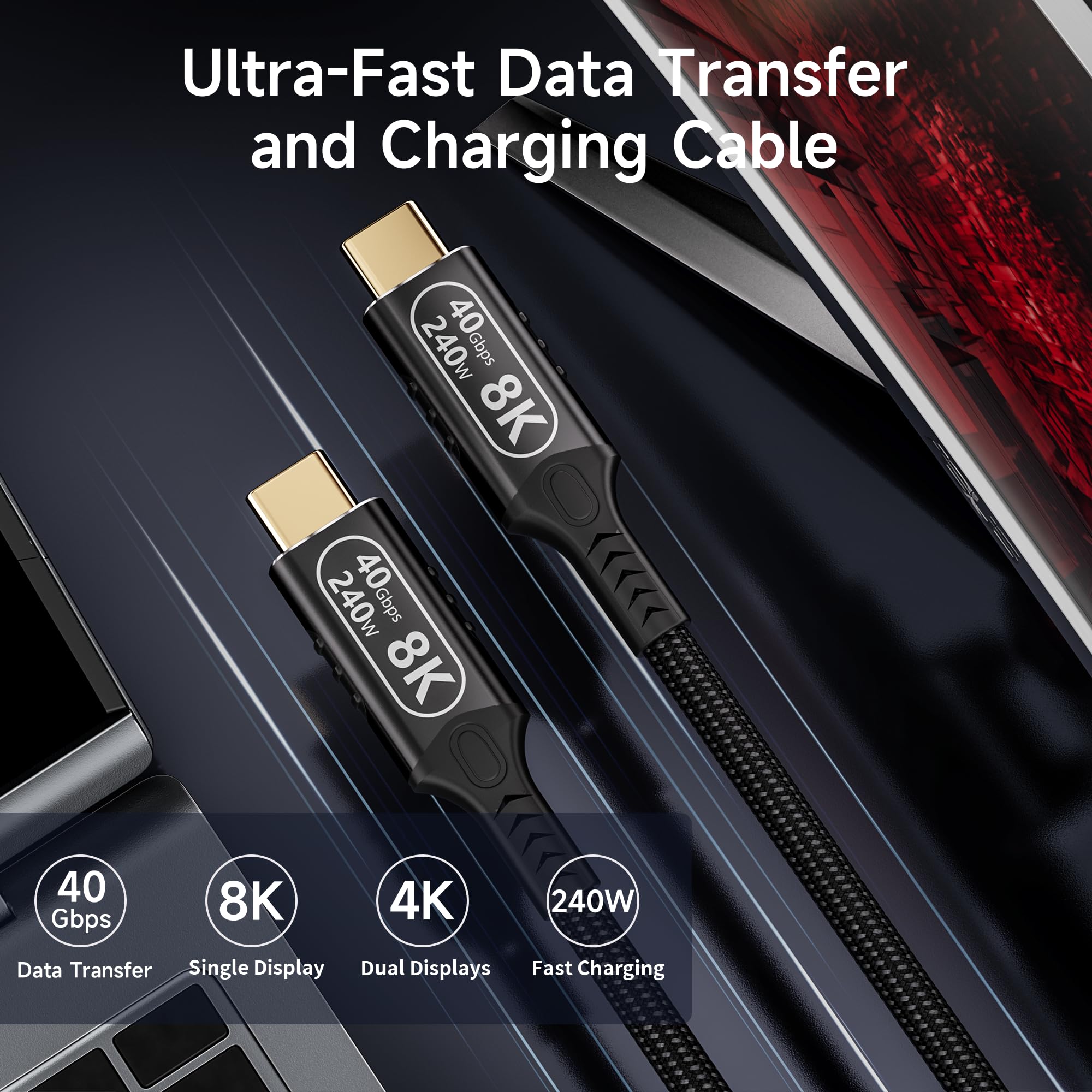 Kabel USB C 2m Kompatybilny z Thunderbolt 4, USB 4 Męski do Męskiego 40 Gb/s, PD3.1 240W, 8K HD