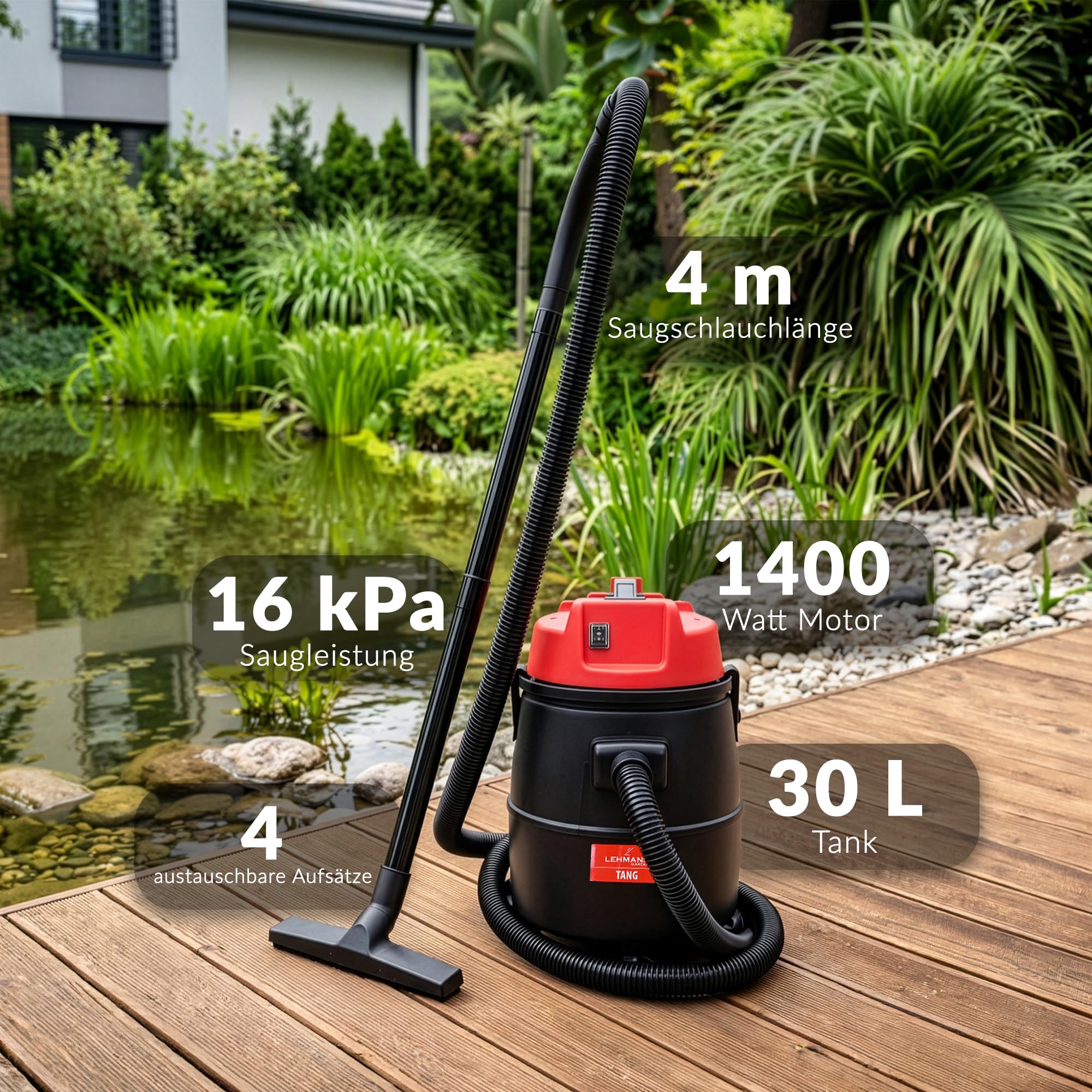 LEHMANN Teichschlammsauger 4-in-1, 1400 W, Teichsauger Schlammsauger mit 30-L-Behälter, Nass- & Trockensauger mit Gebläsefunktion, Effektive Teich- und Poolreinigung, Poolsauger mit Zubehör