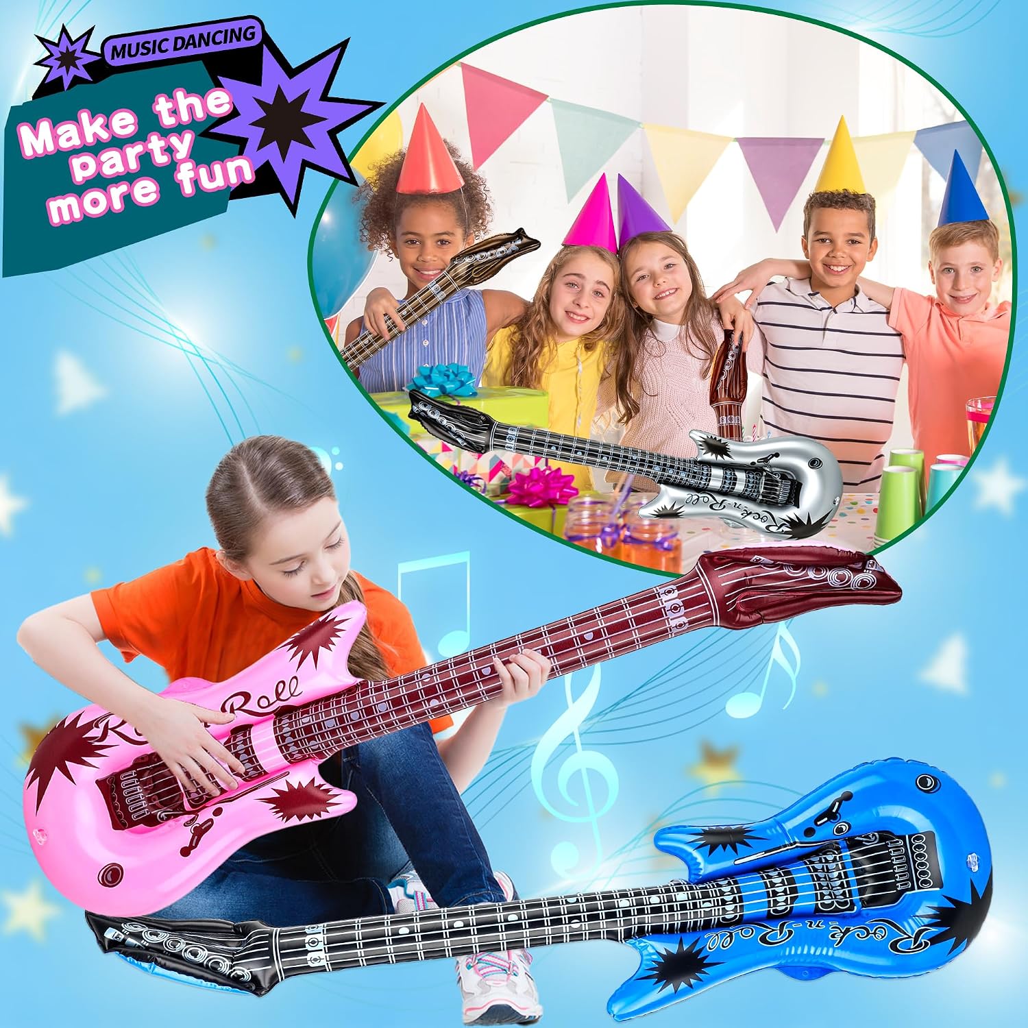 20 Pcs 36 Inch Inflatable Guitar Reusable Inflatable Guitar Toys Blow Up Guitars Rock Star Musical Props Assorted Colors with 1 Red Air Pump for Kids Birthday Karaoke Themed Party