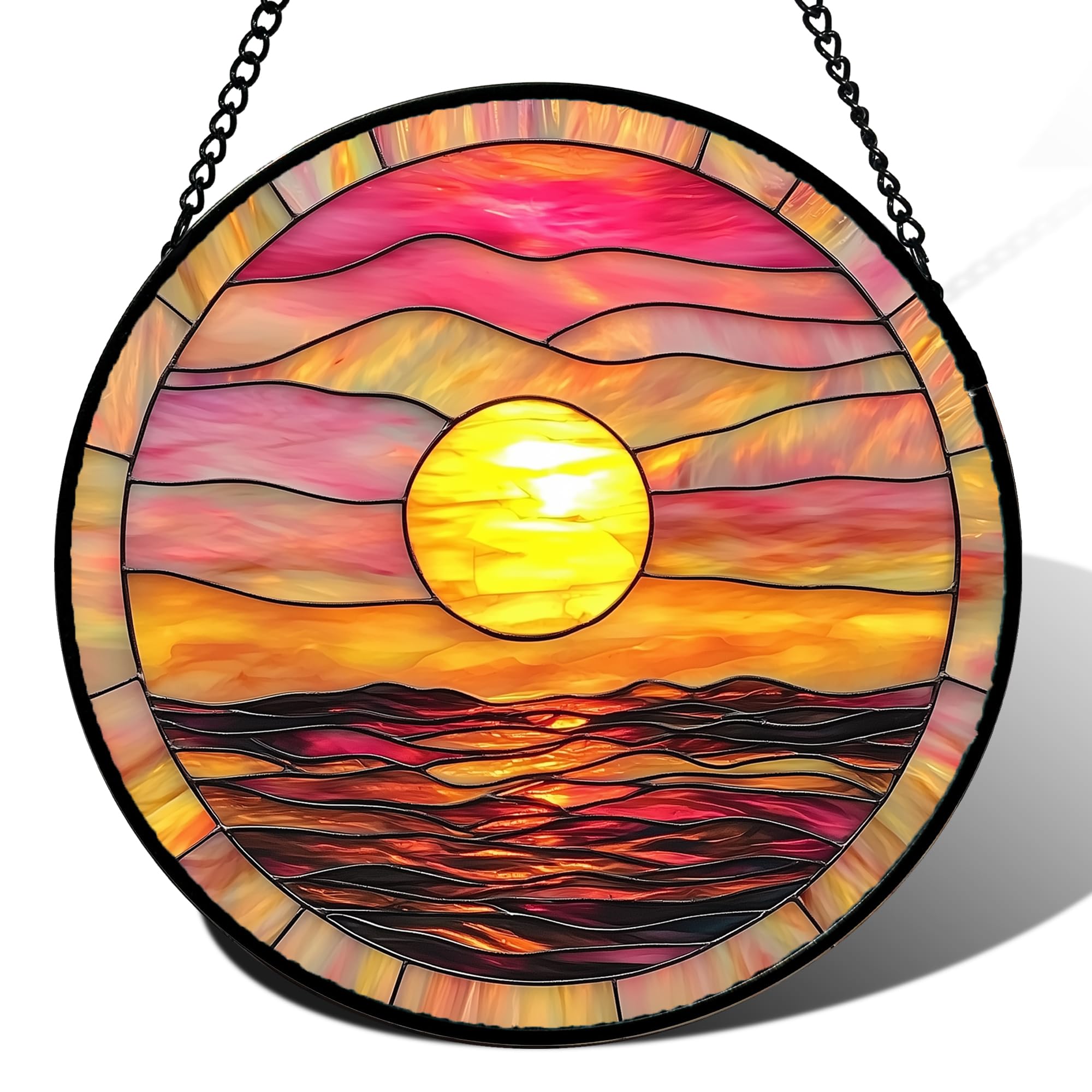 Sunrise Sea Pink Stained Glass Window Hanging Suncatcher Gifts Decor 15"