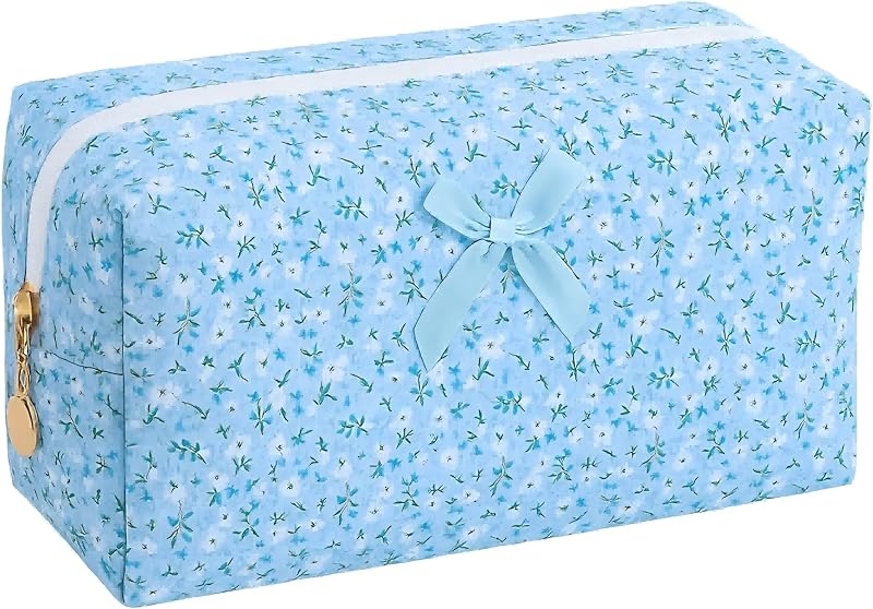 Necessaire de maquiagem OIMEI em algodão matelassado com estampa floral azul e zíper