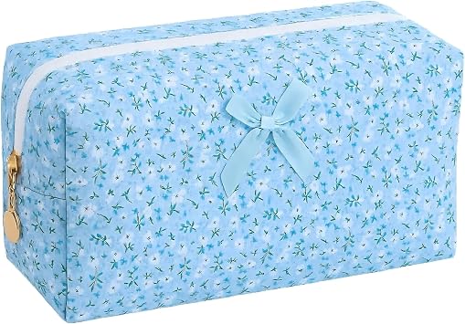 Large Pencil Case, Quilted Cotton Pencil Pouch, Cute Floral Pen Bag with Zipper, Spacious Organizer Holds Pens, Pencils & Markers, 16 Designs Blue Floral