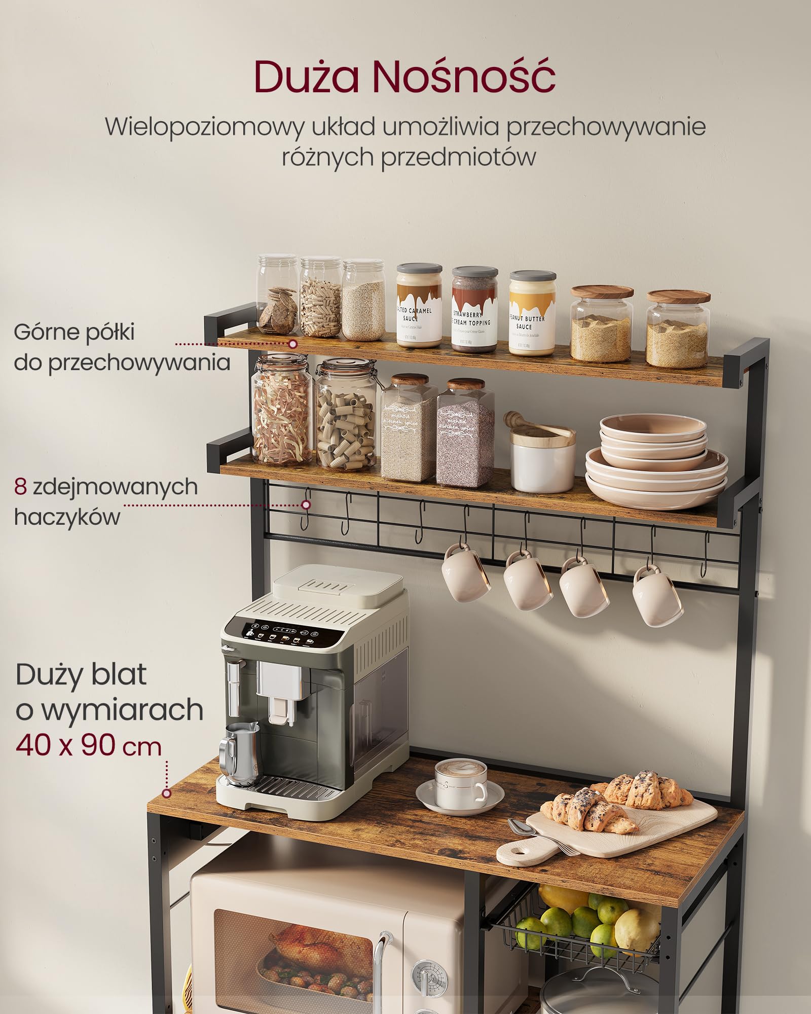 VASAGLE Półka kuchenna, półka stojąca z gniazdkami, półka na kuchenkę mikrofalową, bar kawowy, półka piekarnicza, haczyki 8 S, z koszem, stojak na przyprawy, vintage brązowy atrament czarny KKS031K11