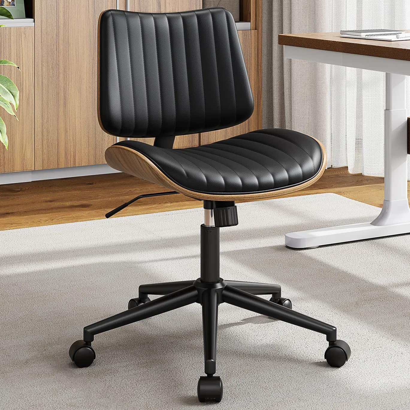 YaFiti Armless Office Chair, Mid Century Modern Desk Chair with Walnut Wood Back & SGS Level 3 Gas Lift, Swivel PU Leather Computer Chair for Small