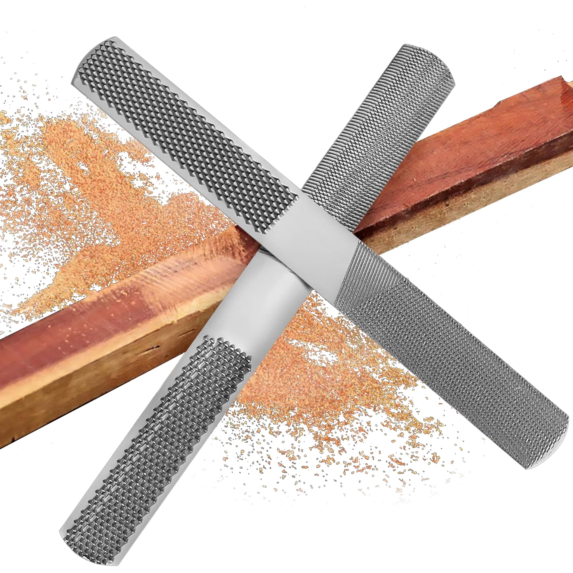 (2 Pack) 4 Way Wood Rasp File, Premium Grade High Carbon Hand File and Round Rasp, Half Round Flat & Needle Files for Sharpening Wood and Metal Tools